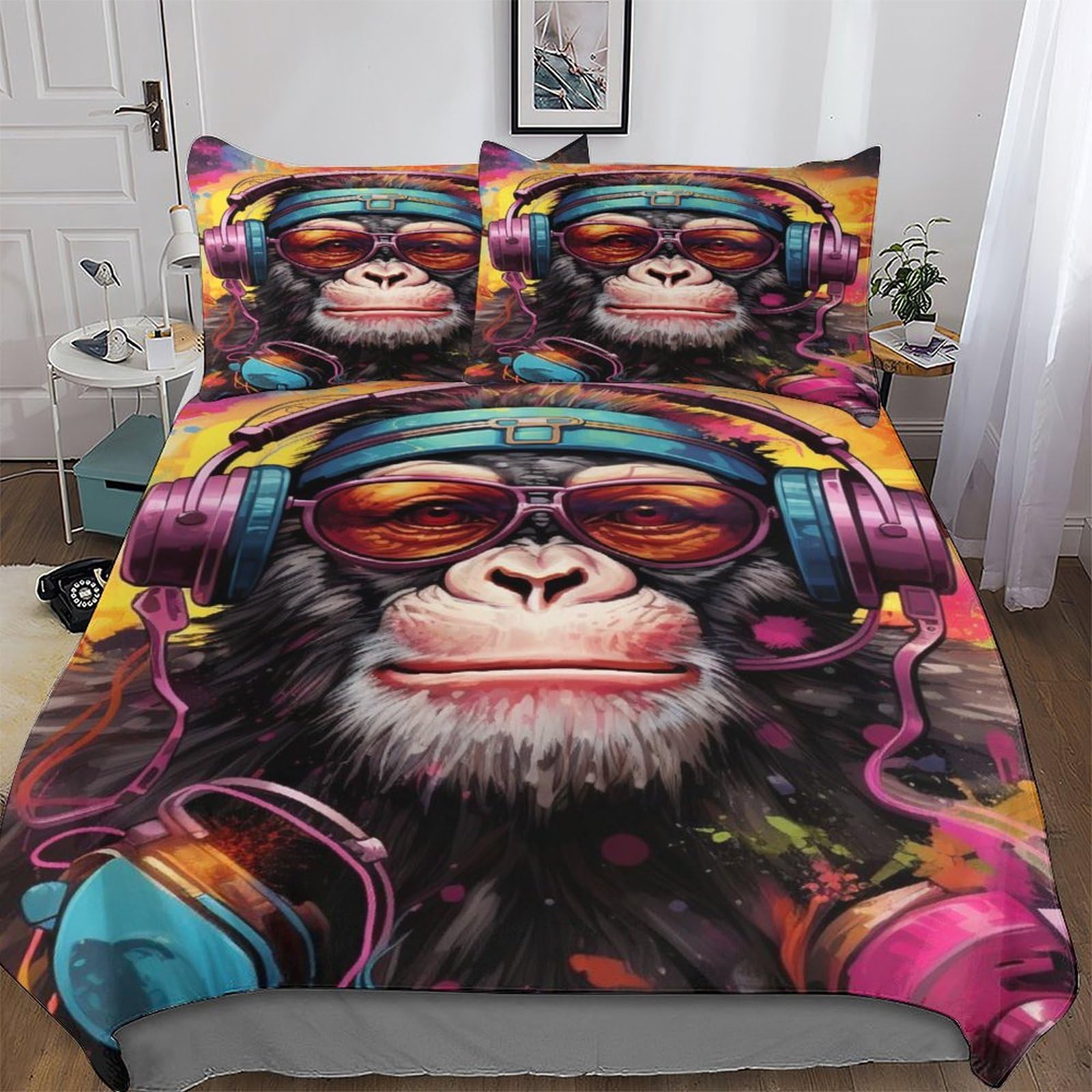 Housse de couette singe 3D 200x200cm en microfibre douce avec 2 taies d'oreiller