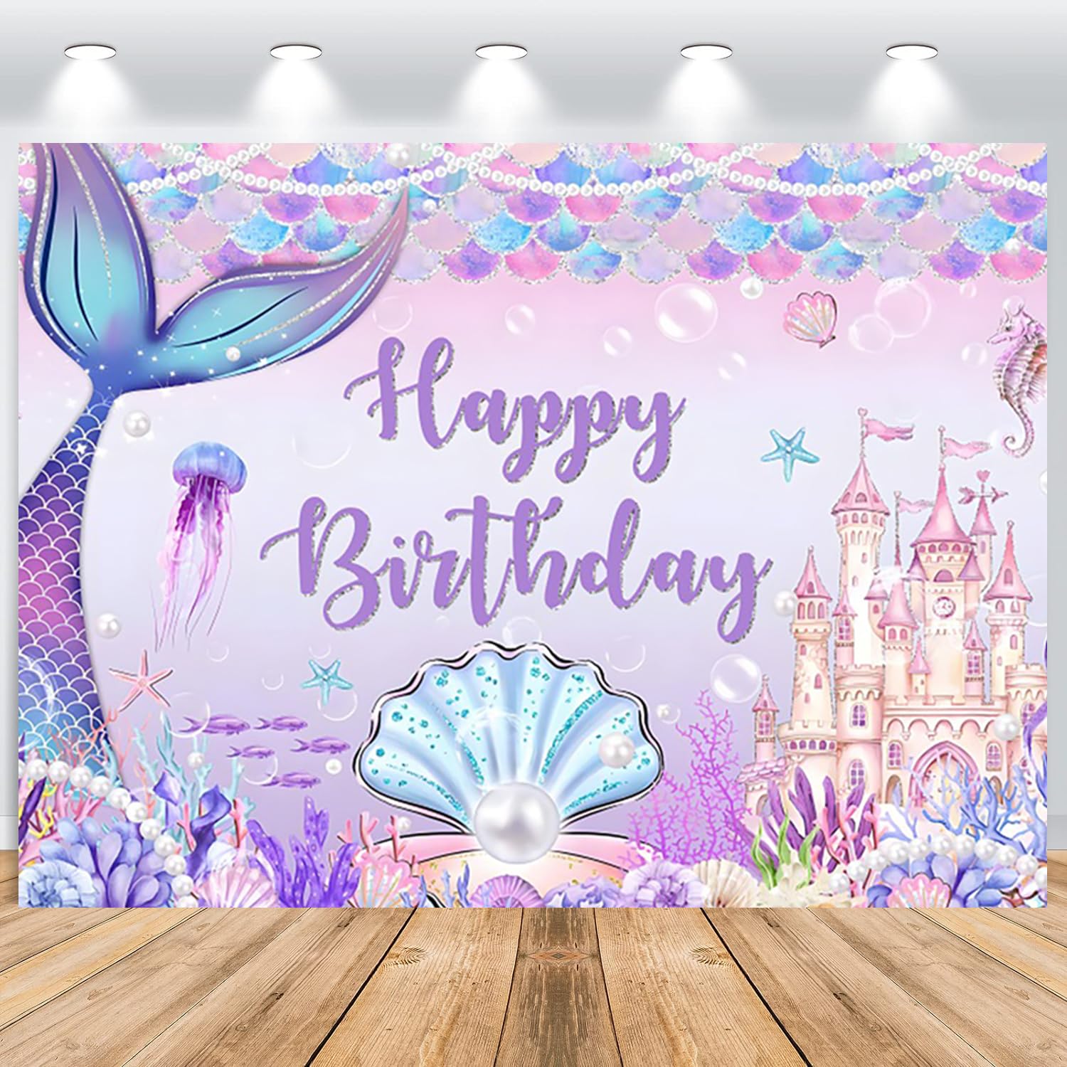 Meerjungfrau Geburtstag Foto Hintergrund 3.6x3m, Unter dem Meer Lila Meerjungfrau Schloss Perle Fotografie Hintergrund Prinzessin Mädchen Geburtstag Party Dekoration Banner Studio Requisiten