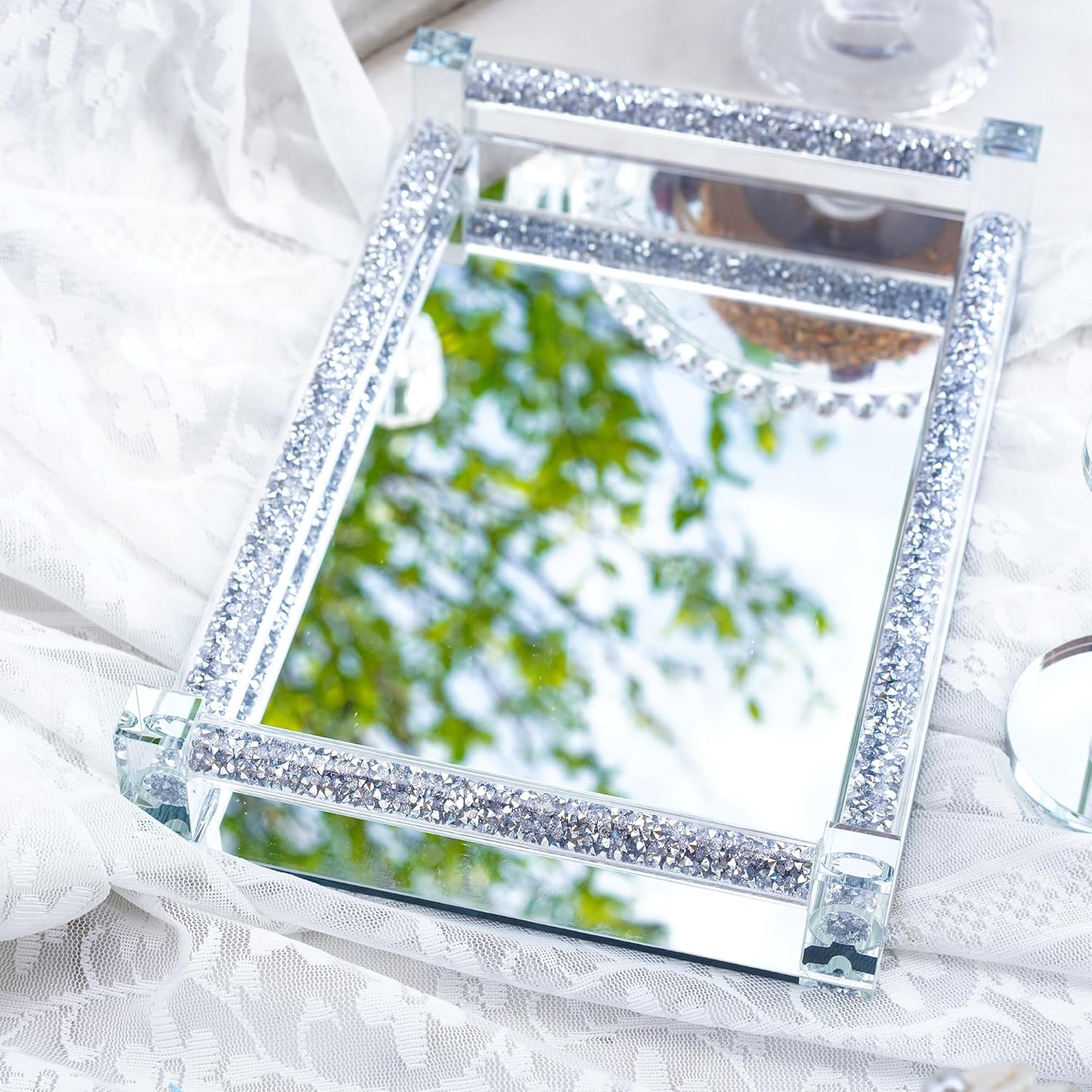 kanpura Mirror Perfume Tray, Crushed Diamond Filled Crystal Glass Vanity Tray, Decorative Bathroom Trays with Handles, Jewelry Trinket Holder for Party, Bathroom, Bedroom for Women - Image 6