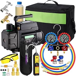 Ac Vacuum Pump and Gauge Set 3.5 Cfm 1/4 Hp, R22 R12 R134a R410a A/c Refrigeration Manifold Gauge with Leak Detector, Upgraded Trifold Storage Case, 3 Hoses, Can Taps, for Mini Split/hvac/auto System