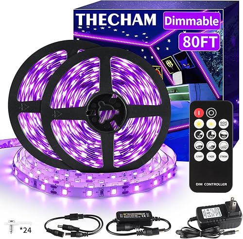 THECHAM Tira de luces negras de 80 pies con control remoto, 1440 LED, luces negras flexibles de 12 V para fiesta brillante, ajustar el brillo,
