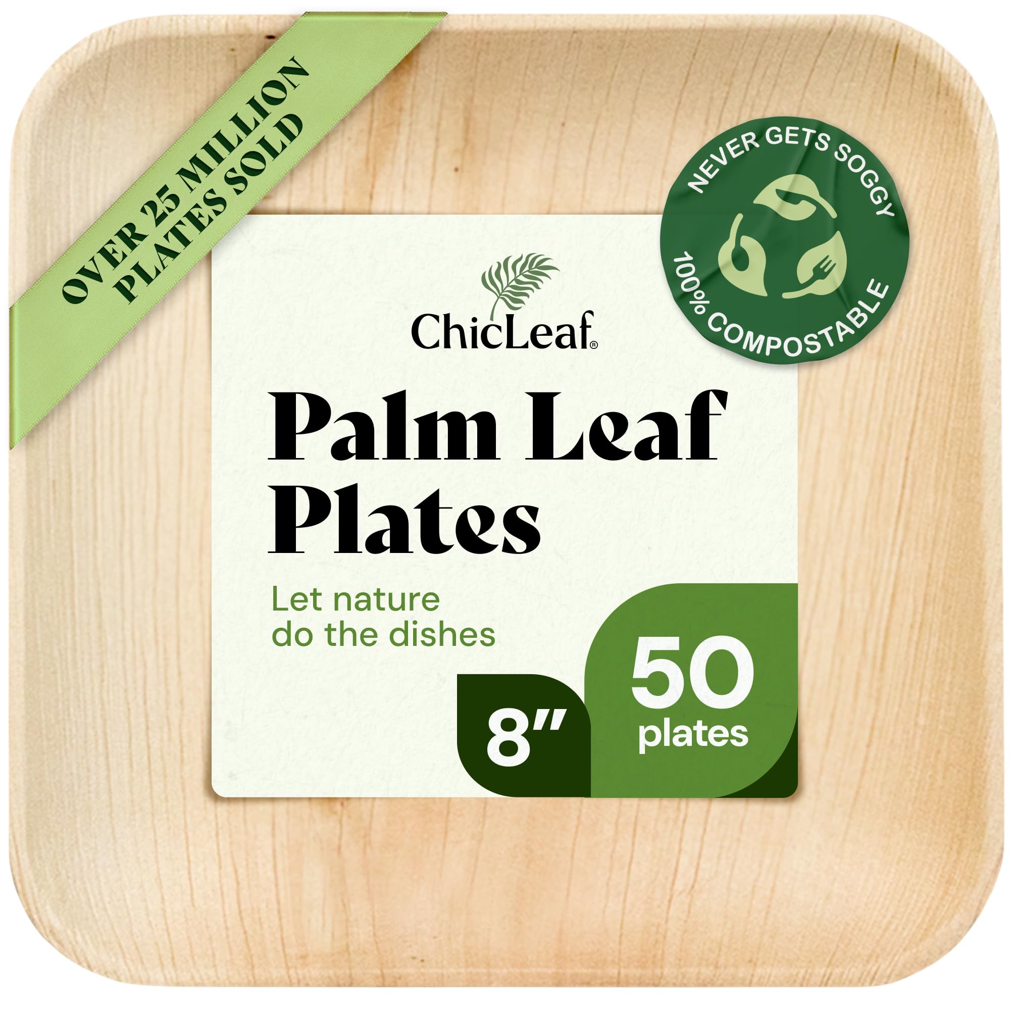 Chic Leaf Disposable Palm Leaf Plates - 50 Count, 8" Square, Natural - Bamboo Plates Disposable, Biodegradable & Compostable - Microwave Safe & Heavy Duty - Event & Party Supplies - Wedding Decor