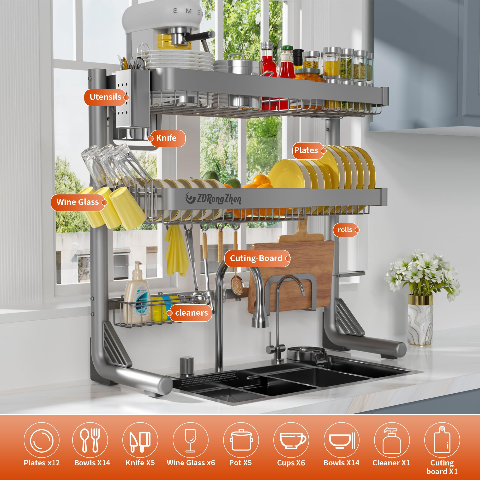 ZDRongZhen - Escurridor de platos sobre el fregadero, 3 niveles, acero inoxidable 304, longitud ajustable (22.8 a 35.04 pulgadas), mostrador de almacenamiento de cocina con juego para colgar tazas y