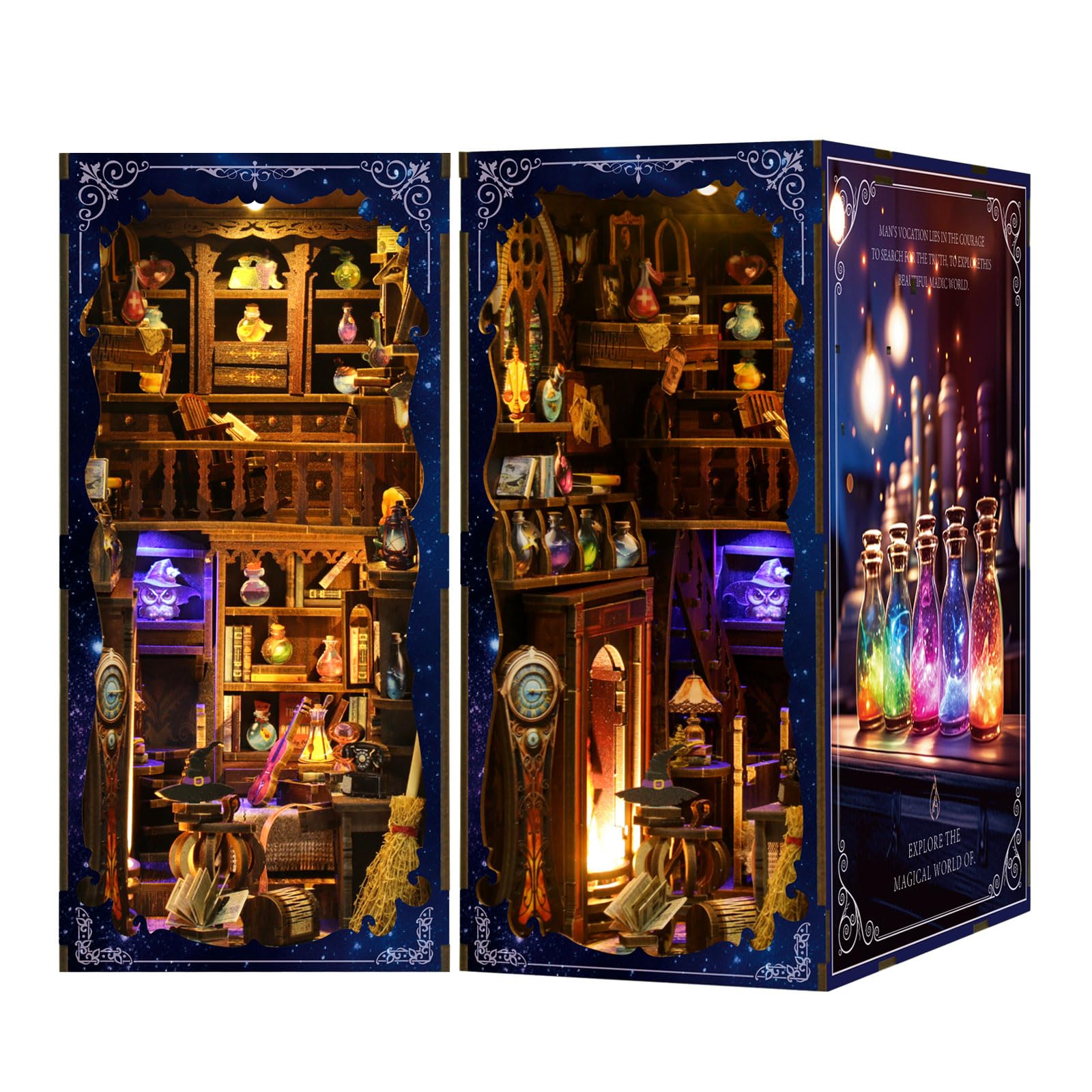 MaHo Book Nook Magic Lab - DIY Miniatur-Diorama fürs Bücherregal, 334 Teile, 11 x 18 x 23 cm, ab 12 Jahren - DIY Book Nook Kit aus Holz mit LED – 3D Puzzle Bücherregal Deko & DIY Buchstütze basteln