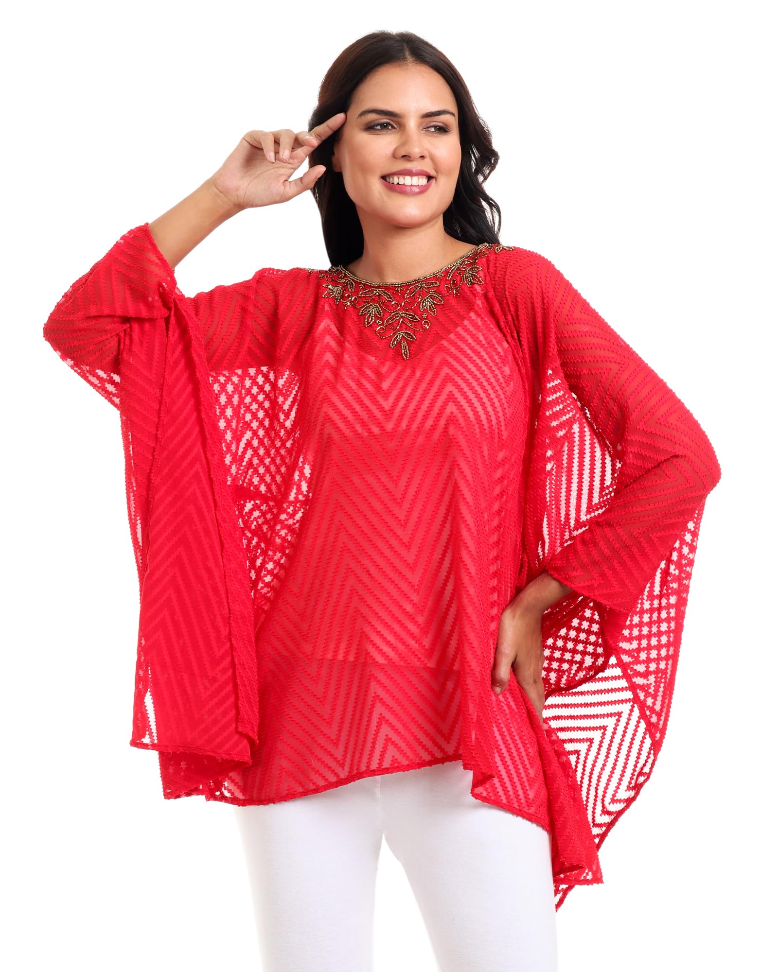 Liva Net Cape Shrug with Floral Embroidery, Red, Lightweight Round Neck, Casual Ethnic Style, Free Size, 50 cm Length-image-46