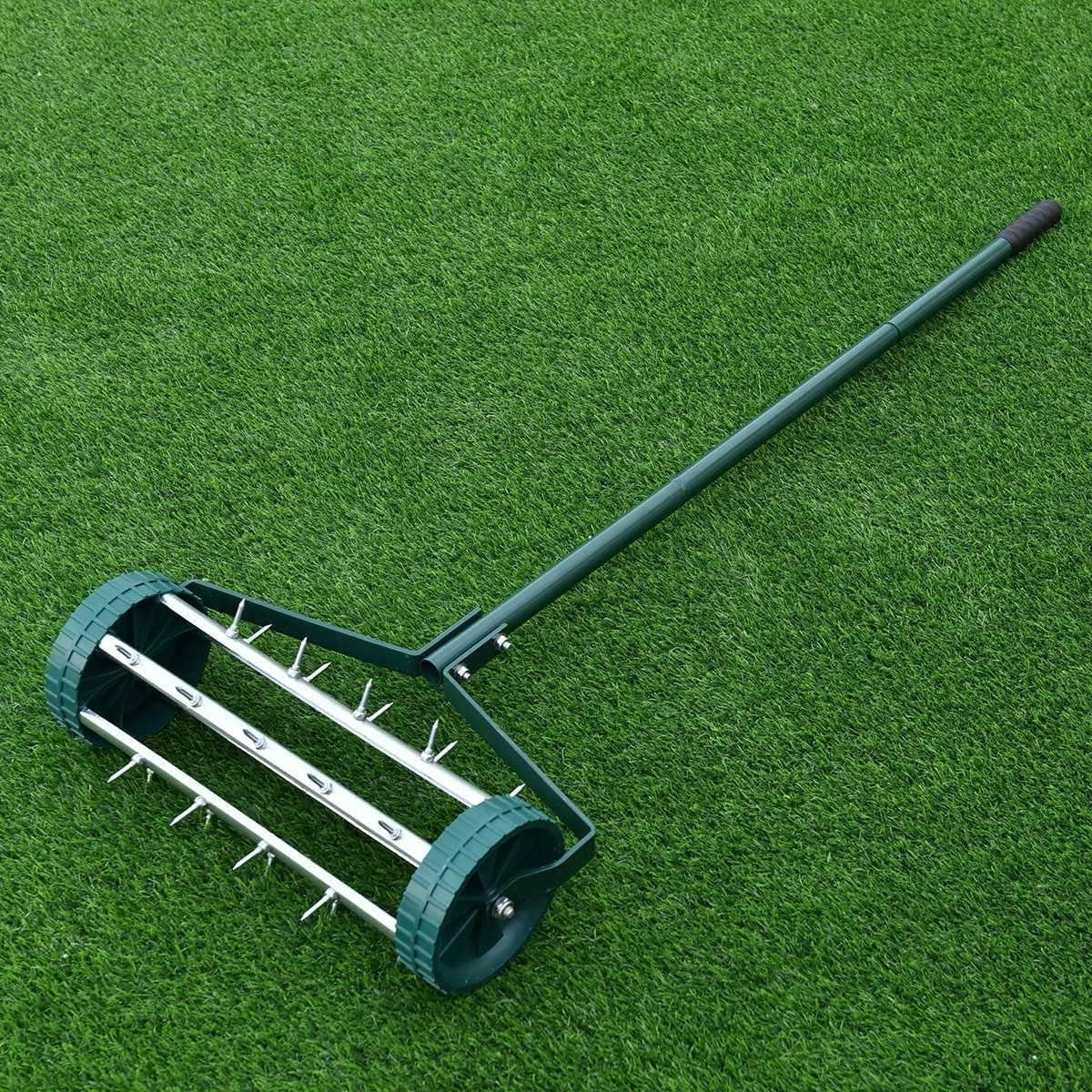 18" Rolling Lawn Aerator, Rotary Push Tine Spike Soil Lawn Aerator with Steel Handle, Gardening Tool for Garden Yard Grass Maintenance