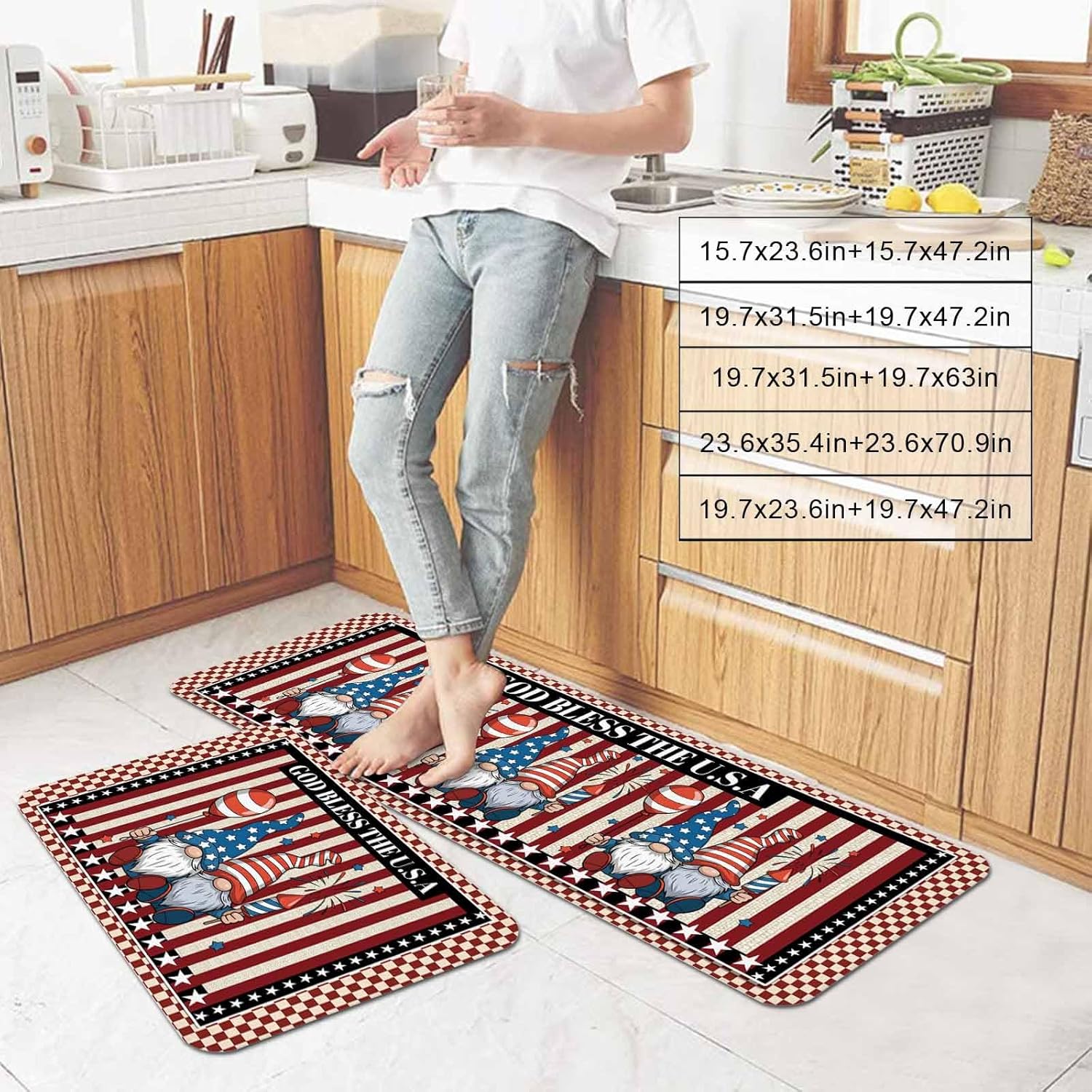 Prime Leader Independence Day Kitchen Mat Set 2 Pieces Red Blue Patriotic Gnomes Stripe Stars Plaid Non Slip Kitchen Rugs Washable Runner Rug Mats for Sink Laundry (19.7" x 31.5"+19.7" x 63")