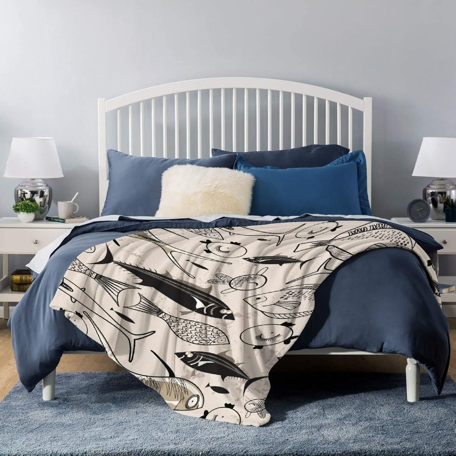 Fish Fishing Print Super Soft Micro Fleece Blankets Quilt Plush Lightweight Dual-Sided Decorative Couch, Sofa, Travel, Lap, Bed Throw Blanket,50"x40" for Kids
