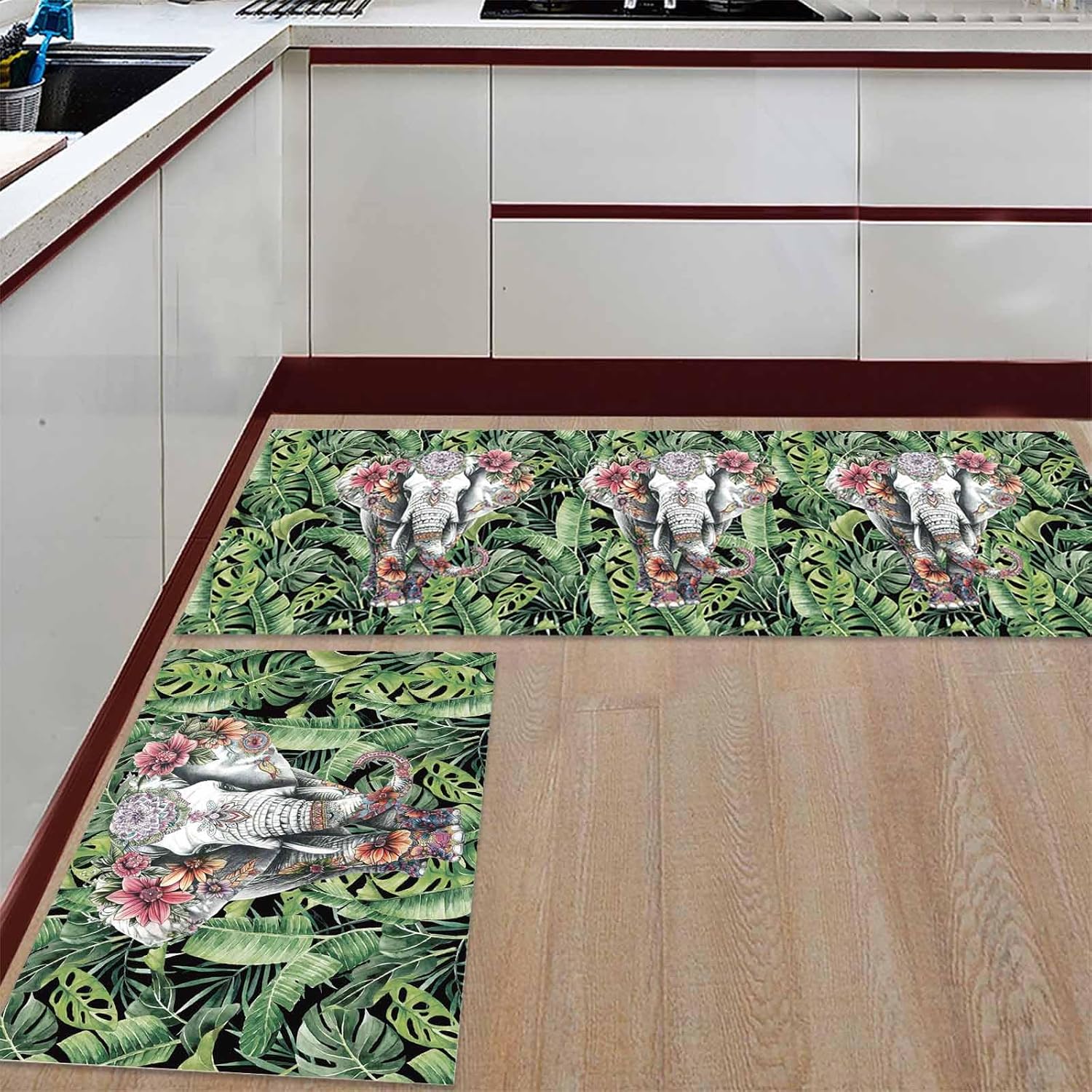 2 Pieces Kitchen Rugs and Mats,Summer Flower Elephant Palm Leaf Area Runner Rug Set Non Slip Floor Doormat Washable Carpet Standing Mat for Kitchen Sink Indoor Corridor,Tropical Green Plant Animal
