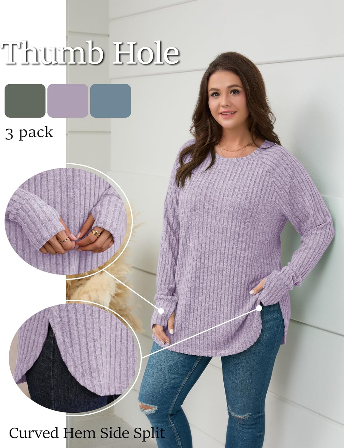 Riyiper 3 Pack Women's Plus Size Long Sleeve Sweaters, Curved Hem Side Split Crew Neck Loose Fall Tunic Tops with Thumb Hole - Image 3