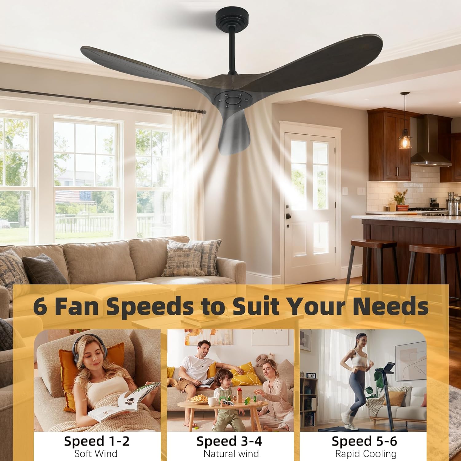 Smart Ceiling Fan no Light, 52 Inch Outdoor Ceiling Fan Without Light, Compatible with Alexa/Google/App, 3 Solid Wood Blades, Modern Wood Fan for Patio, Bedroom, Living Room, Dark Brown