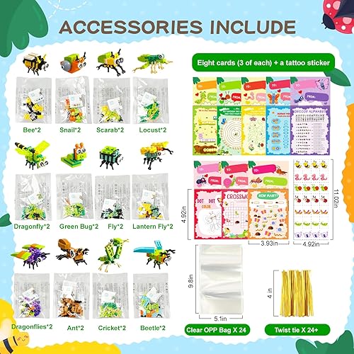 Miniatura 4 de MGparty Juego de 24 bloques de construcción de insectos para el día de San Valentín con tarjetas de regalo para niños, juguetes de fiesta de San