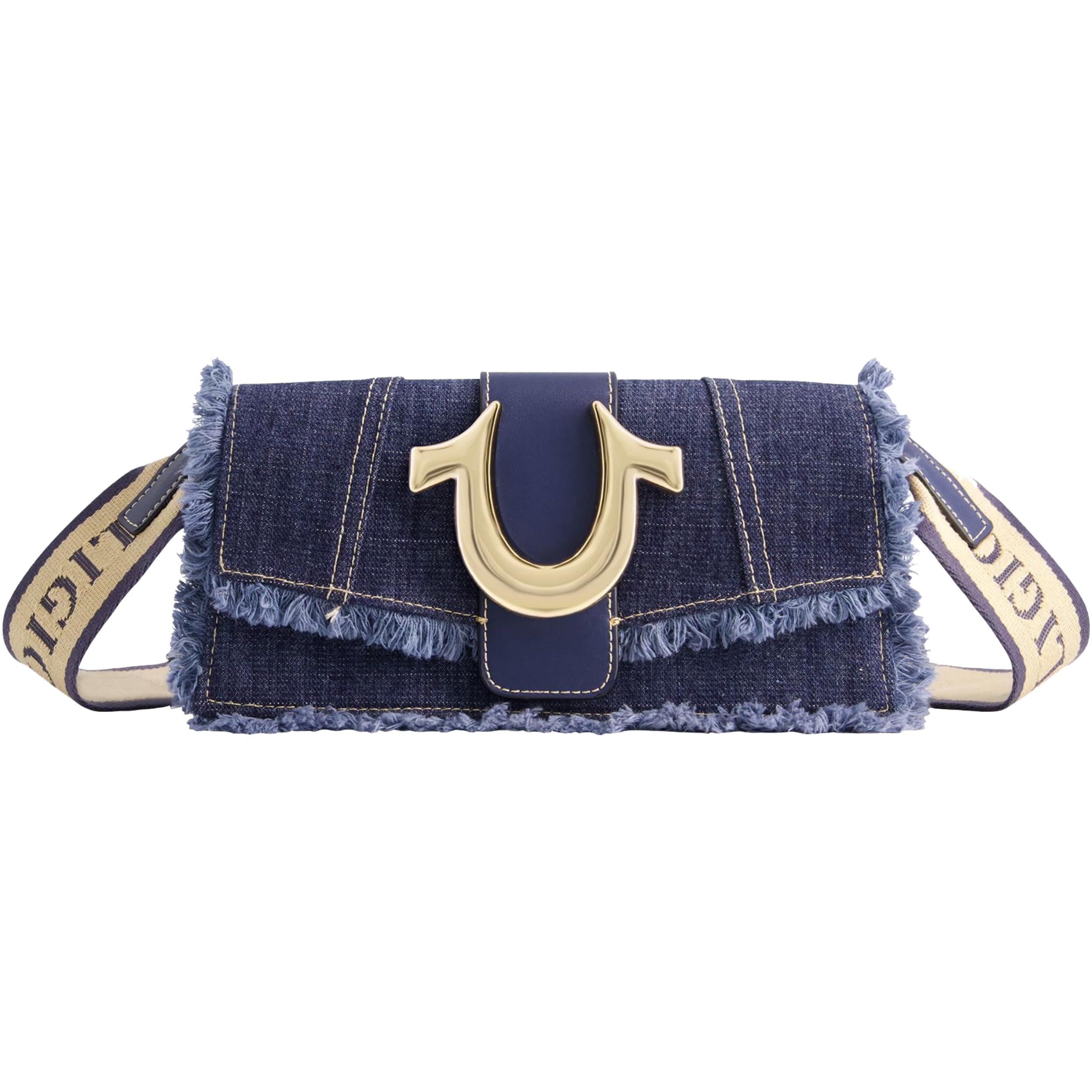 True Religion Women's Shoulder Bag Purse, Frayed Denim Mini Flap Crossbody Handbag with Horseshoe Logo