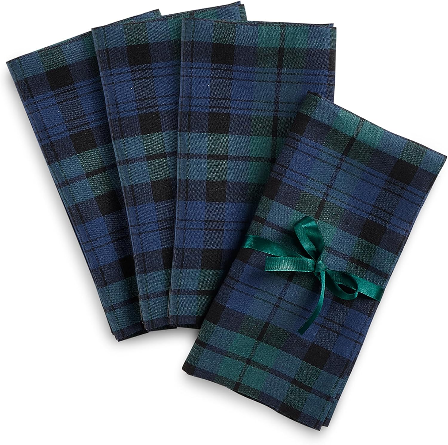 Solino Home Linen Blackwatch Napkins Set of 4-100% Pure Linen Blue and Green Plaid Dinner Napkins Cloth 20 x 20 Inch - Handcrafted and Machine Washable