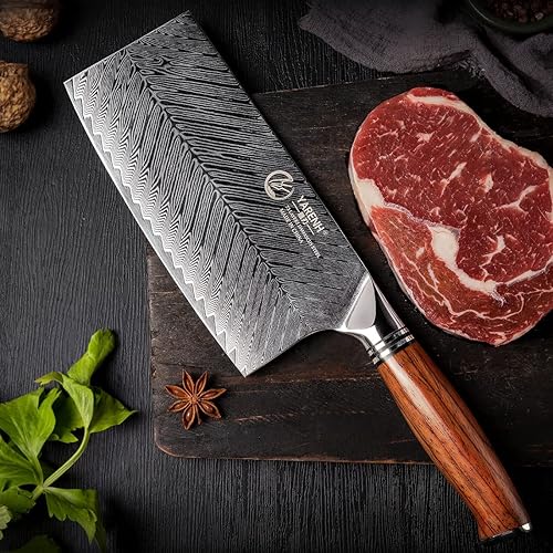 Miniatura 5 de YARENH Cuchillo de chef profesional, 7 pulgadas, 73 capas de acero inoxidable de damasco, mango de sándalo natural de espiga completa, con caja