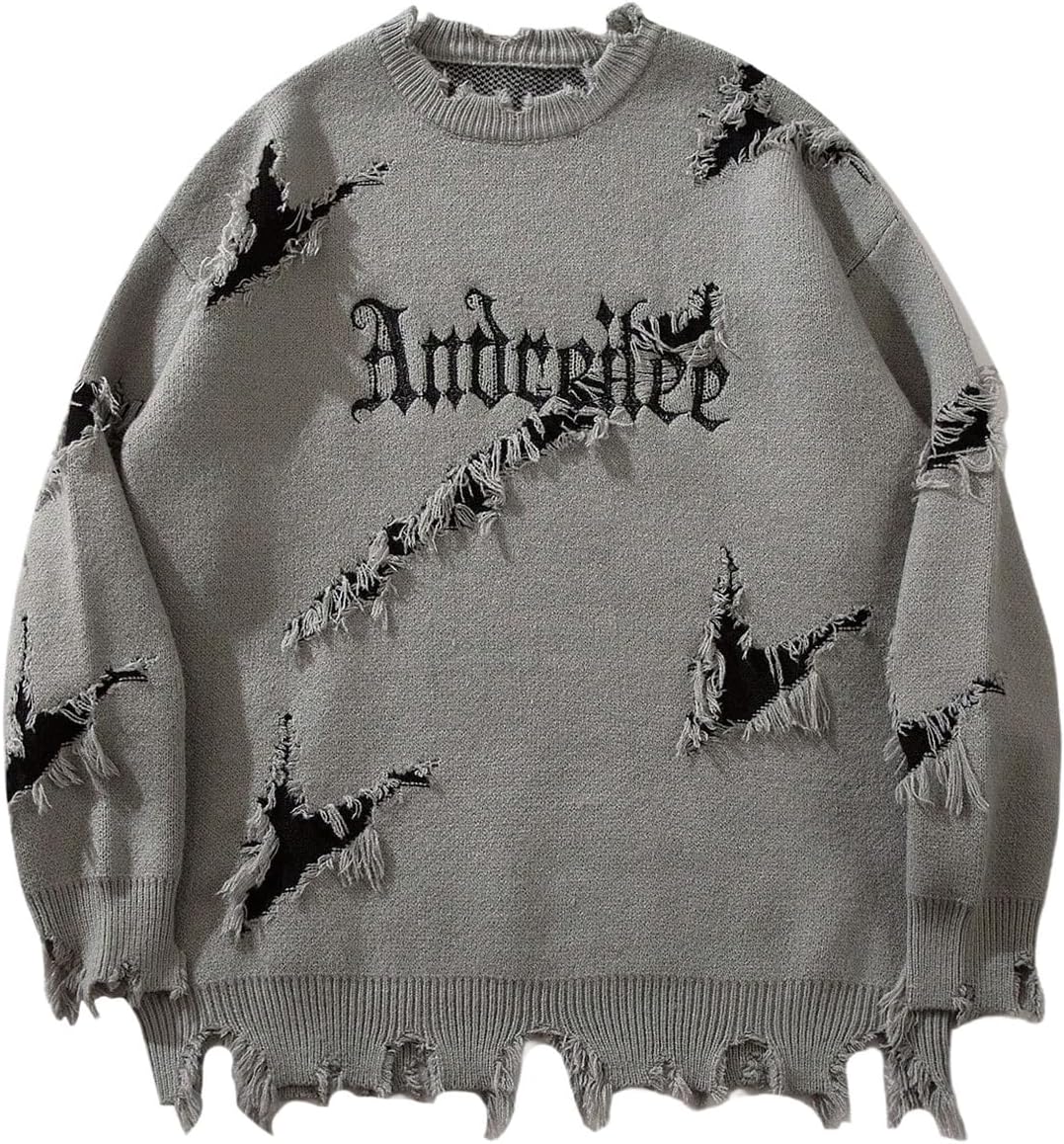 Men's Grunge Letter Graphic Sweater Unisex Gothic Ripped Baggy Sweater Y2K Crewneck Long Sleeve Knit Tops Streetwear