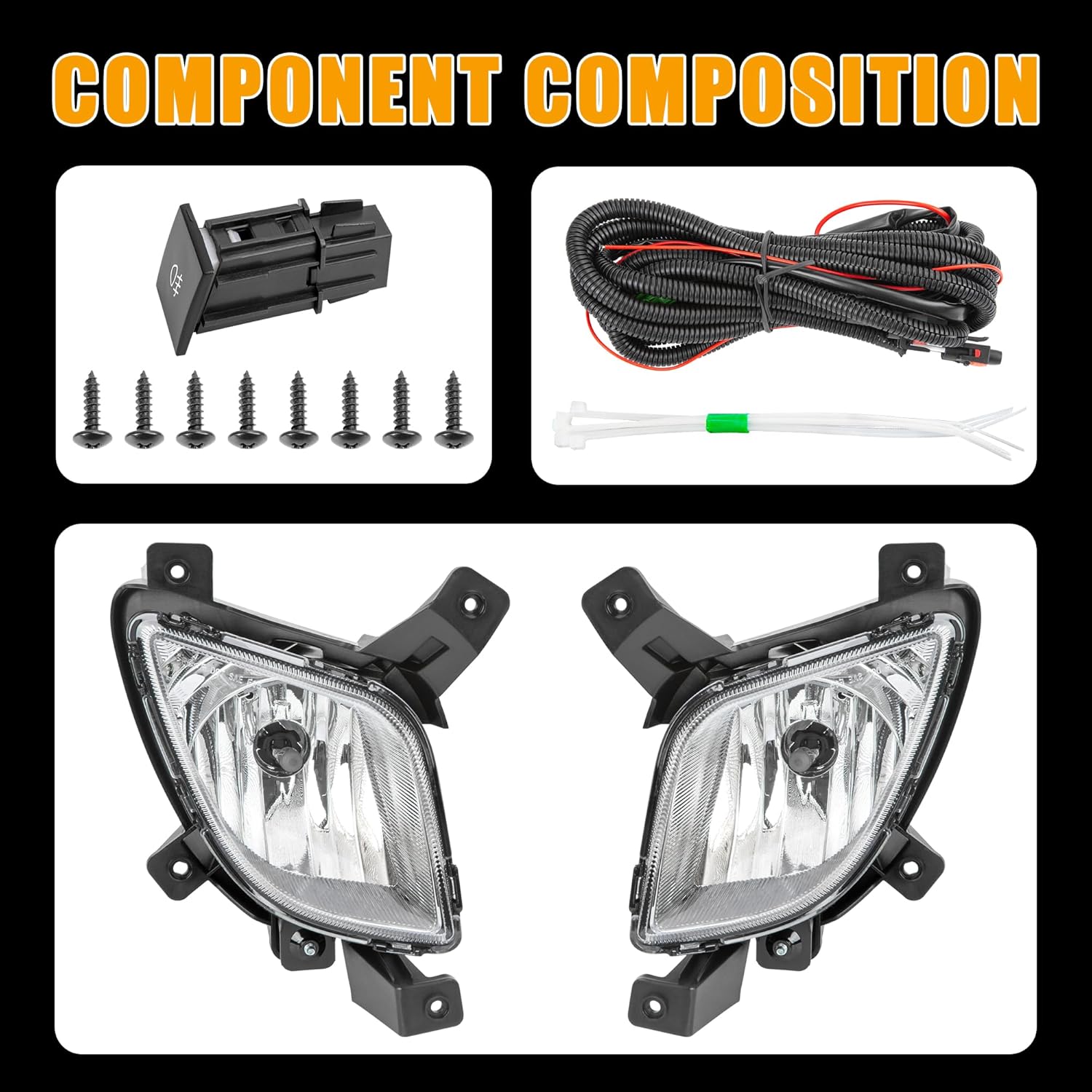 Fog Lights fit for 2010-2013 Hyundai Tucson Replacement Assembly Fog Lamps Kit with Halogen Bulbs Wiring Harness Switch Clear Lens Driver & Passenger Side