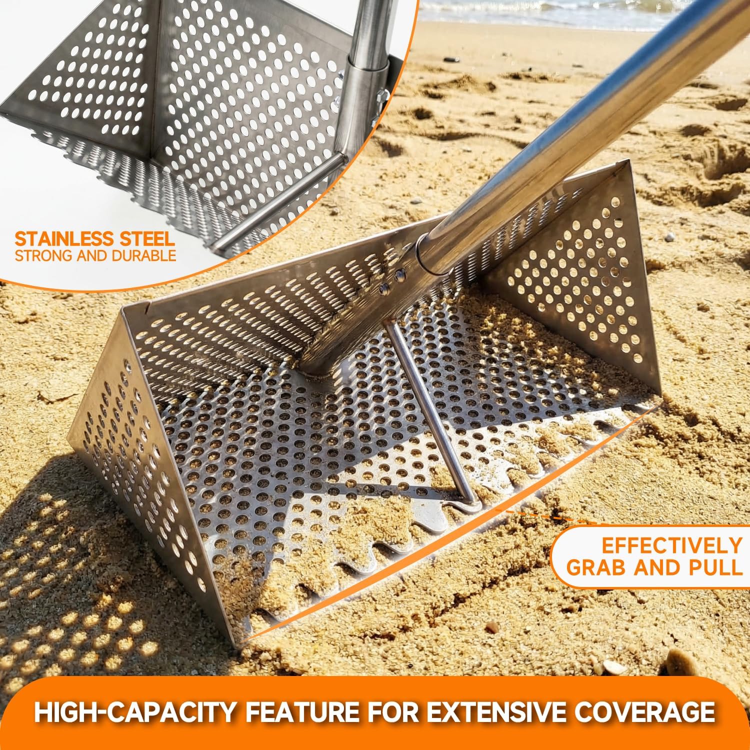 Sand Flea Rake with Beach mesh Shovel, Detachable Long Handle Sand Sifter for The Beach, The Shark Tooth Screen Comes with a 16in Wide Drain Screen with a 52in Handle