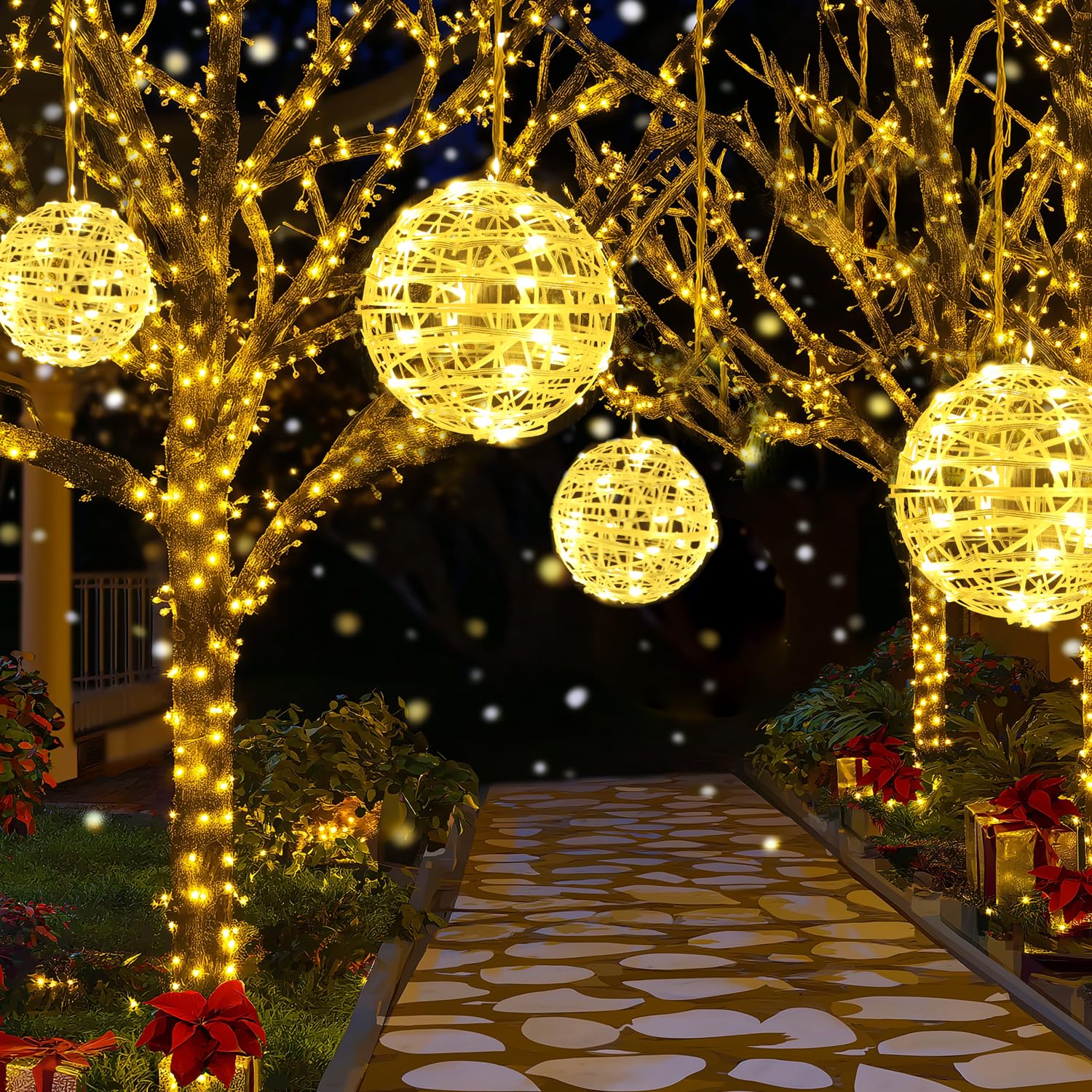 da LIGHT - Set di 4 ghirlande di luci a LED per esterni con sfere Ø20 cm, 184 LED, 8 modalità con timer, bianco caldo 2500 K, IP44 impermeabile, illuminazione natalizia a sospensione per giardino e