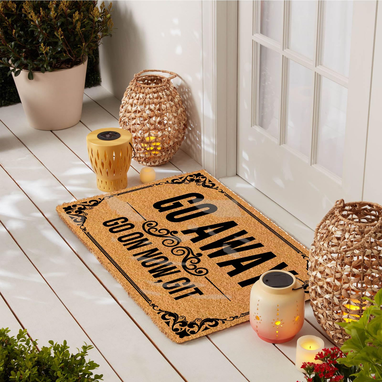Go Away Go on Now Git Grand paillasson amusant pour entrée extérieure, intérieur et extérieur, lavable, mignon tapis de bienvenue pour entrée avec envers en caoutchouc 76,2 x 45,7 cm