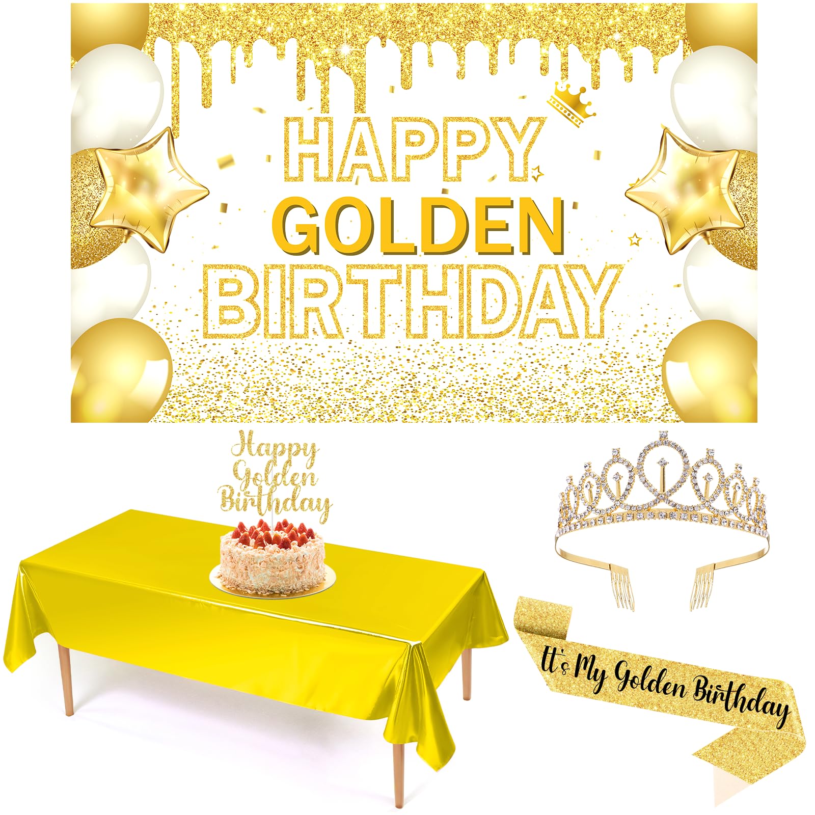 Happy Golden Birthday Party Decorations for Women Girls Gold Glitter Banner Tablecloth and Cake Toppers It's My Golden Birthday Sash and Tiara Crown