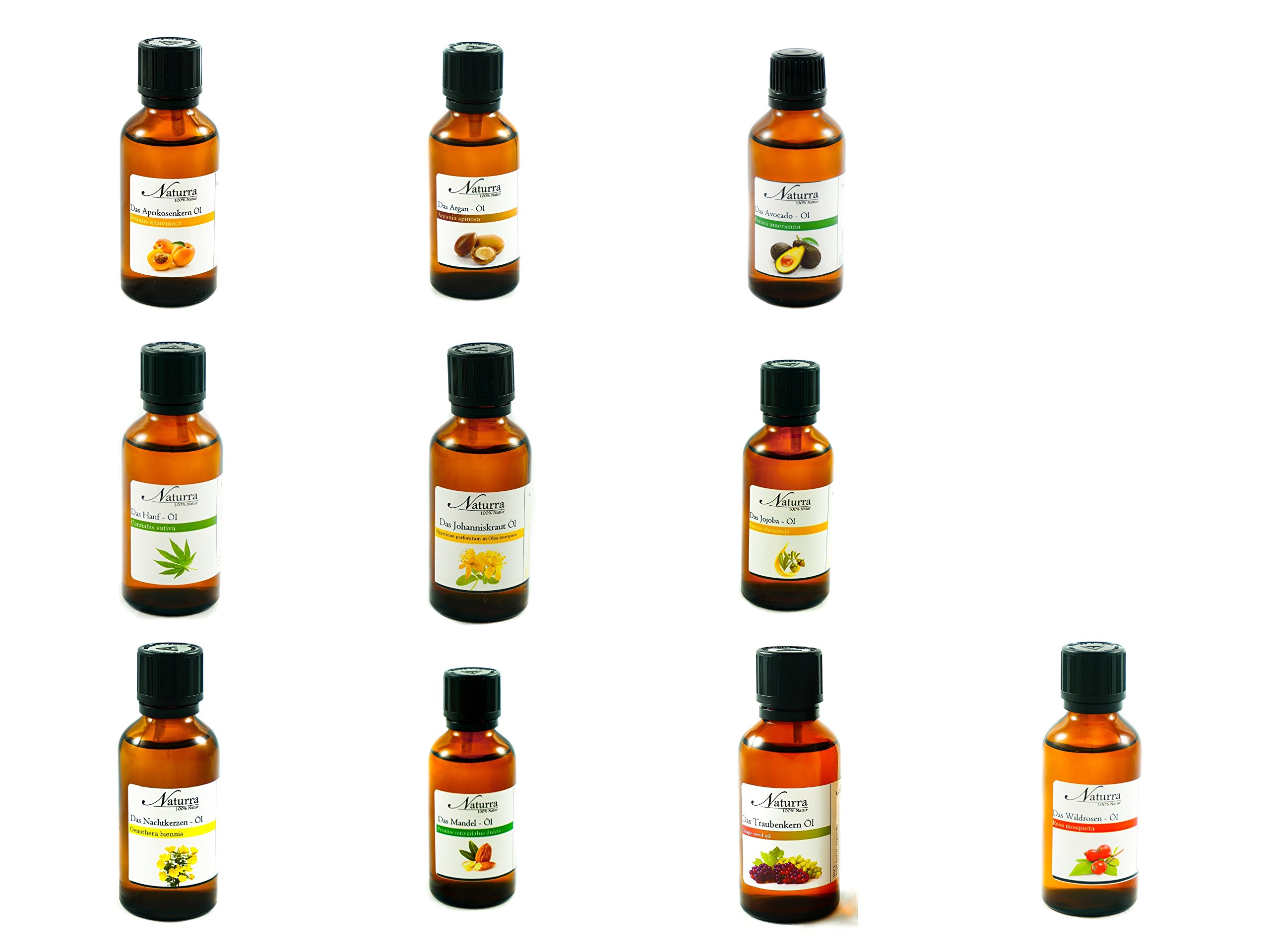BIO Basisöl Set - Set aus 10 rein nativen Bio Ölen in lichtgeschützter Glas Flasche a 50ml