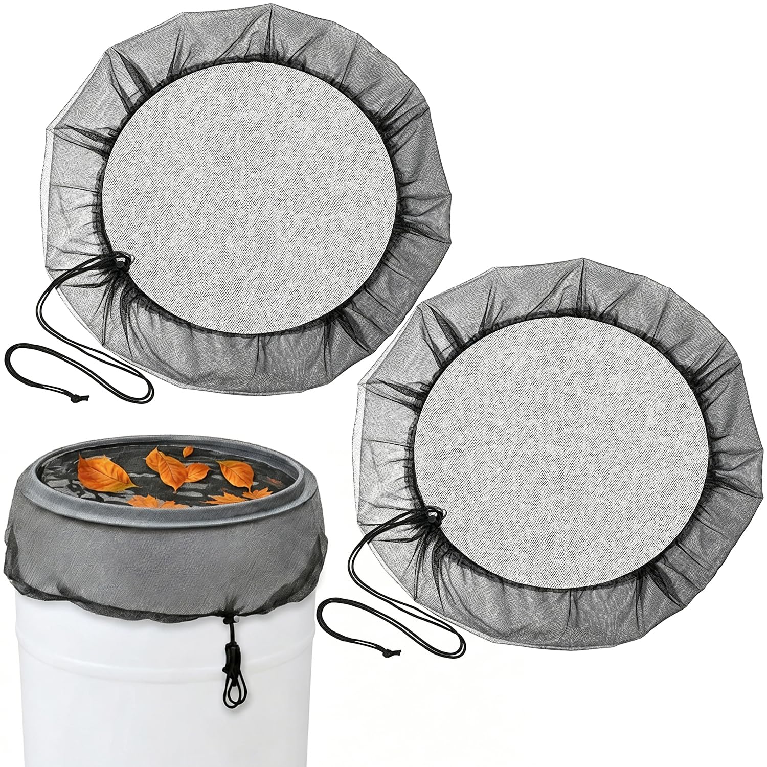 2-Pack Rain Barrel Mesh Lid, 60 cm Water Butt Net Cover with Drawstring, Adjustable Reusable Screen to Keep Leaves, Mosquitoes & Debris Out, Black