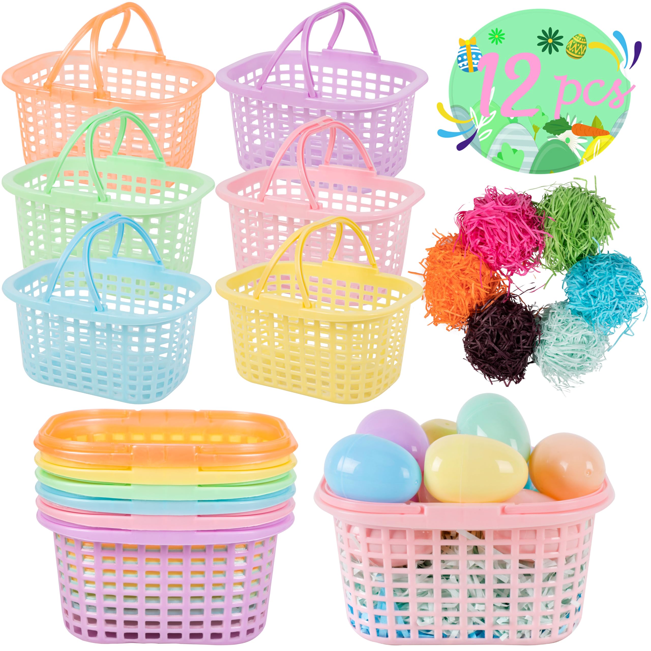 12PCS Small Easter Baskets with Handles Bulk, 12PCS Mini Plastic Eggs and 6Packs Faux Grass Confetti Strips Accessories Filler Stuffers for Spring