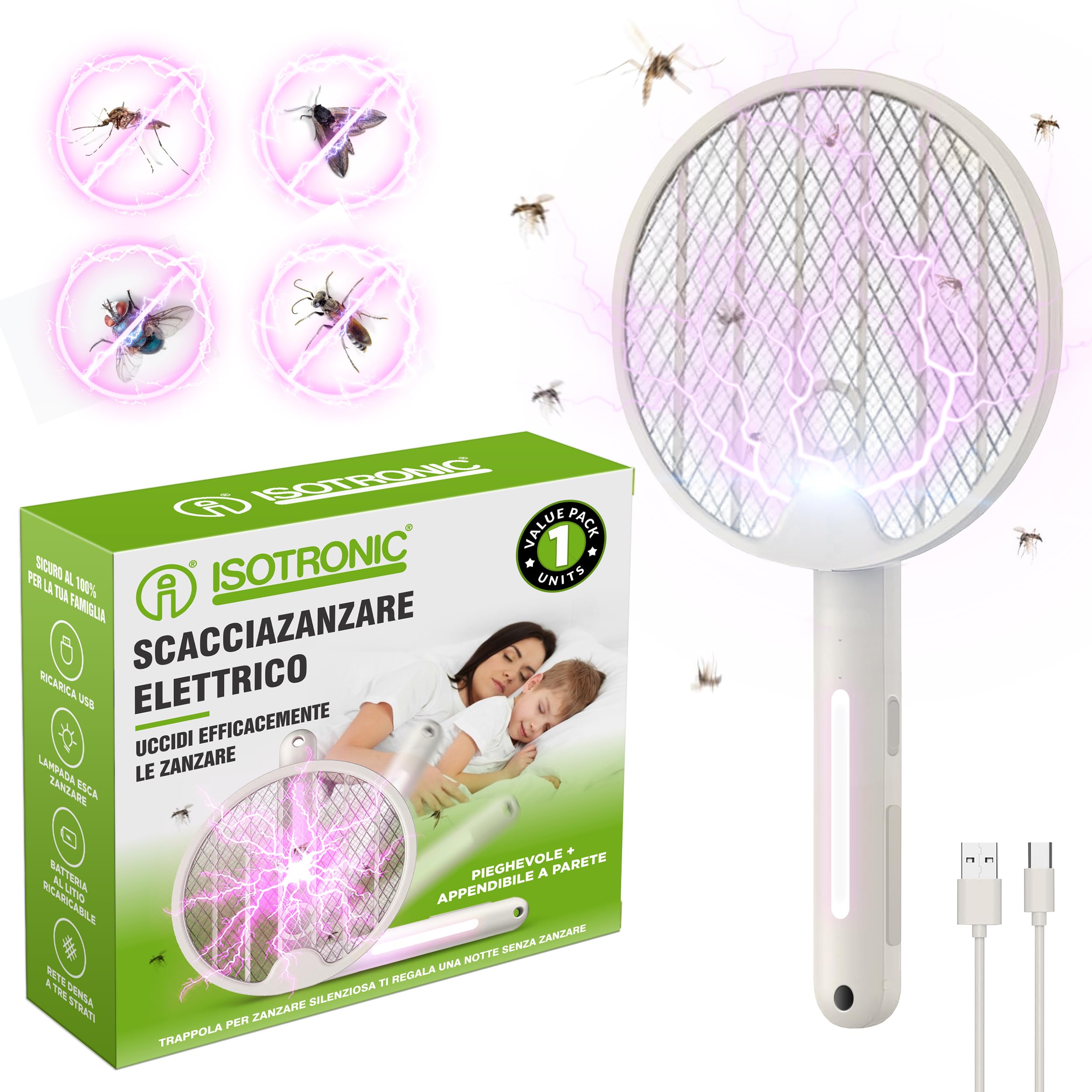 ISOTRONIC scacciamosche elettrico protegge zanzare falene trappola luce UV pieghevole trasporto montaggio parete insetticida interno esterno 1 pezzi efficace difesa stop insetti ricaricabile casa