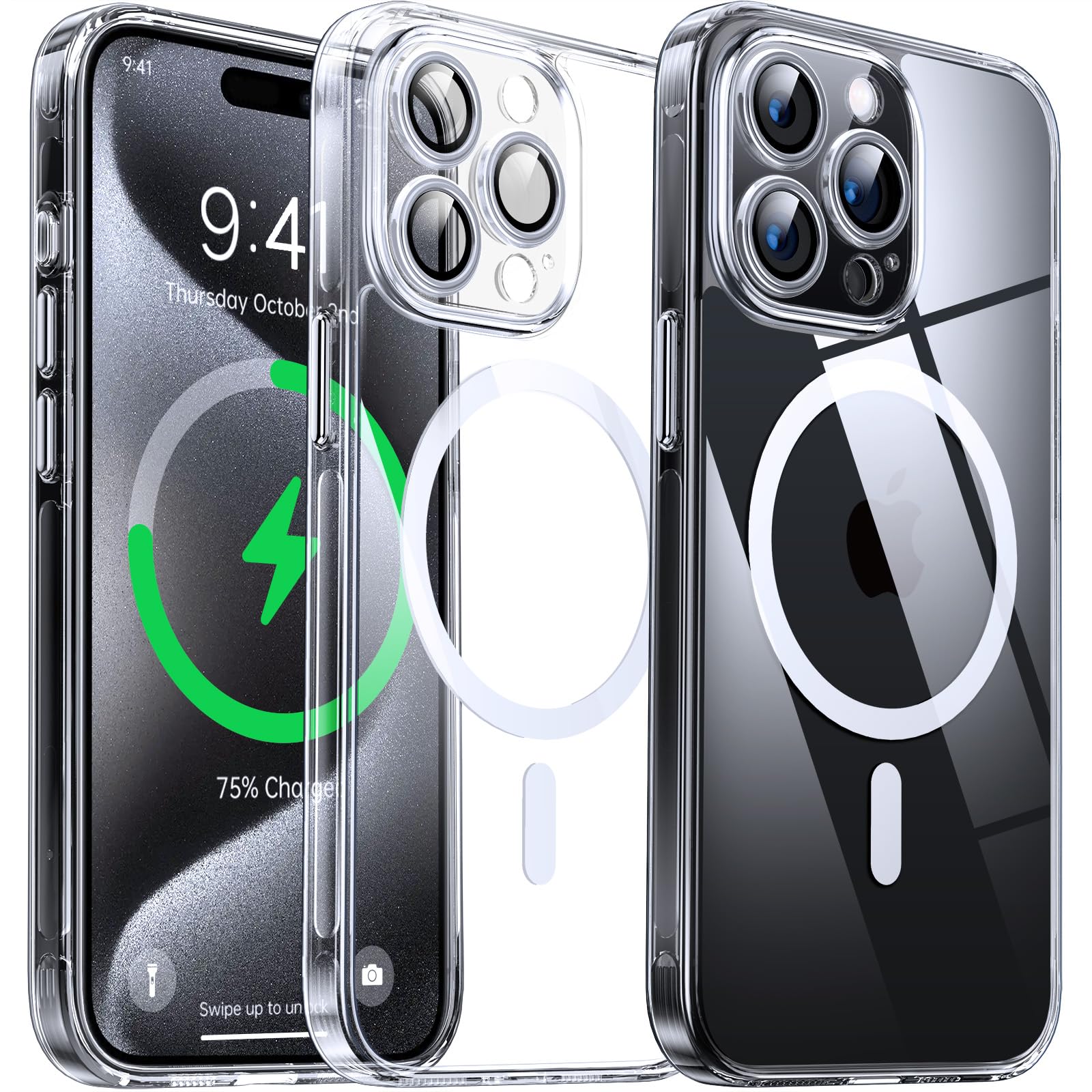 Flyzoo Clear Magnetic Case for iPhone 15 Pro (6.1'') with Camera Protector, [Compatible with MagSafe] [Non-Yellowing] [Shockproof & Antiscratch Protection] Hard Transparent Cover with Silicone, Clear
