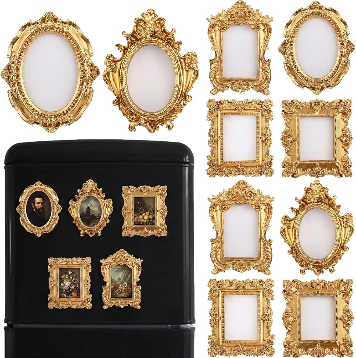 10 Pcs Mini Gold Frame Vintage Magnet Picture Frame Small Baroque Ornate Photo Frames for Refrigerator Antique Victorian Resin Decor with Paper Board Sheet and Rope for Wedding