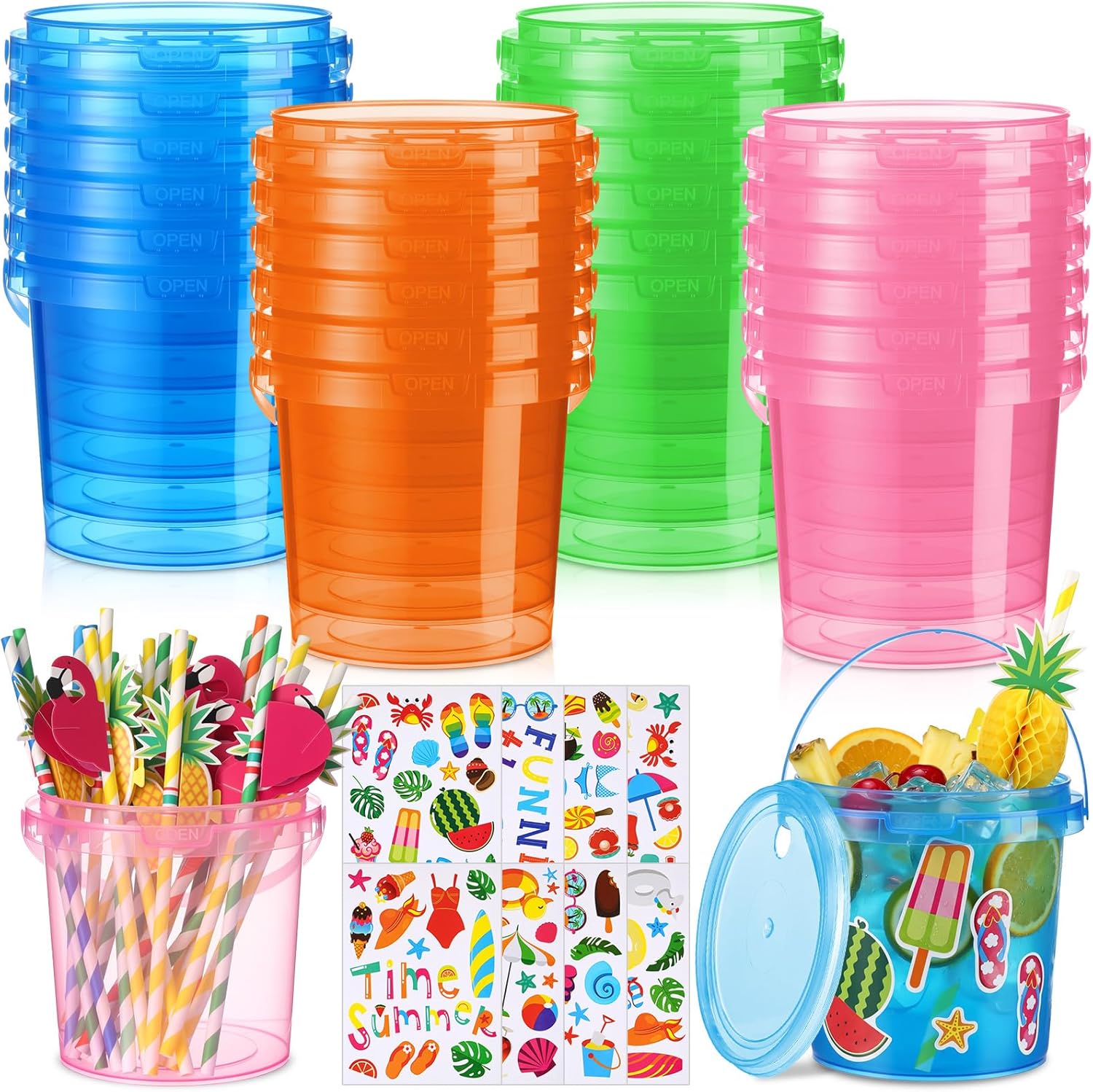 24 Pcs 32 oz Tropical Summer Plastic Drink Bucket with Flamingo Pineapple Straw Hawaiian Colorful Beverage Cup Reusable Rum Cocktail Bucket with Lids Punch Bowls for Luau Party Beach Pool