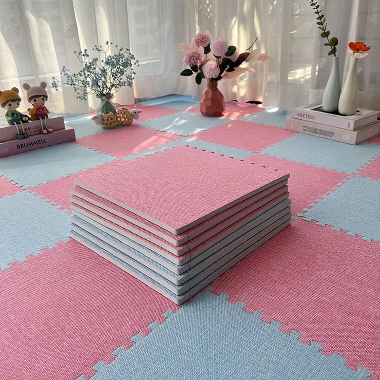 Cotton Linen Puzzle Foam Floor Mat with Border, Puzzle Square Mat, for Home Playroom Yoga or Gym(60 * 60 * 1cm)(Pink,6p)