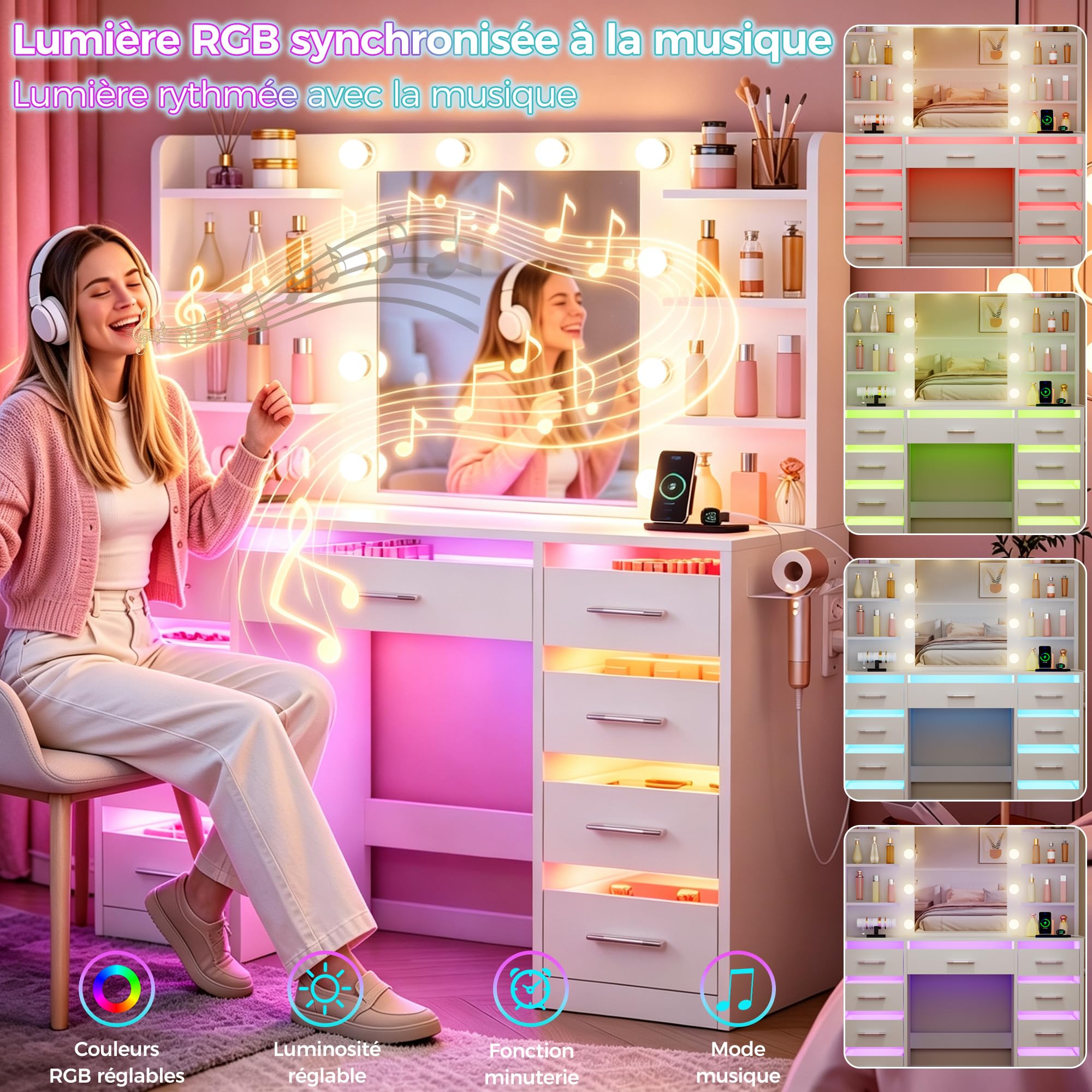 Grande Coiffeuse avec Miroir LED et Éclairage RGB,Plateau en Verre