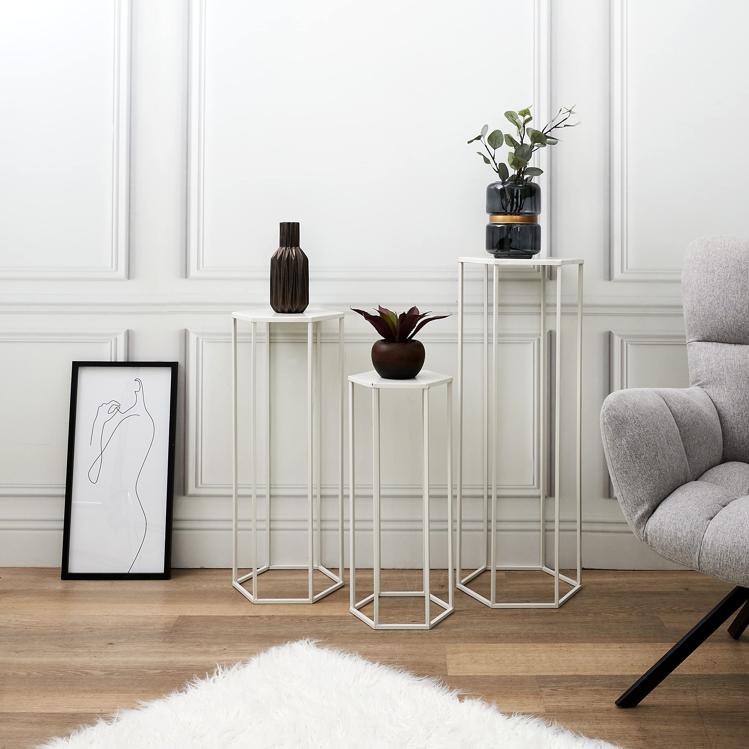 HOME DECO FACTORY Gigogne X3 Metal Blanc Mobilier Tavolo Scrivania Consolle Sellette Mobile Ine, 60x30x26 cm