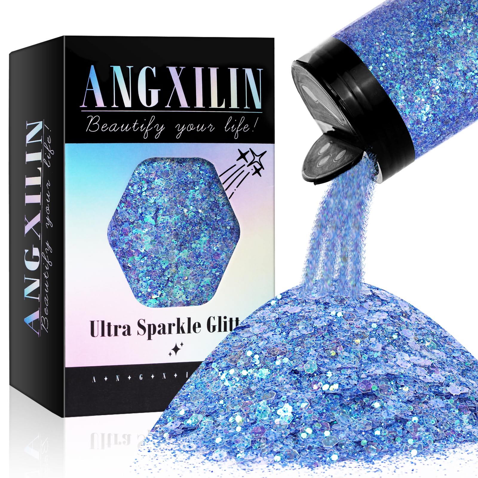 ANGXILIN Holographic Chunky Glitter, 190g/6.7oz Chunky and Fine Mixed Craft Glitter, Bulk Laser Sequin Glitter for Face Body Nail Art,Epoxy Resin