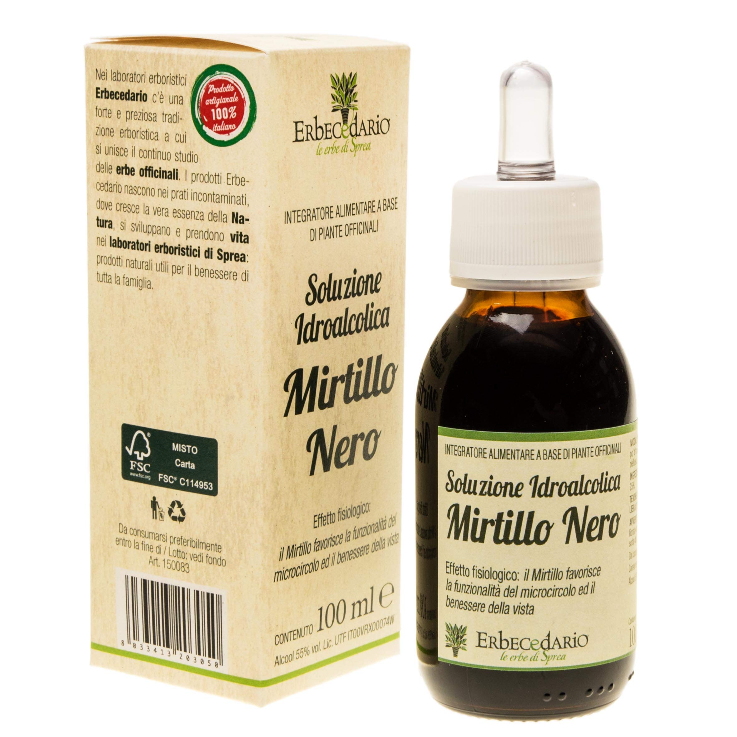 Tintura Madre Mirtillo Nero Erbecedario, Per Il Benessere Di Occhi e Vista E Del Microcircolo, Ricco di Vitamina C per Gambe più Leggere, Integratore Gambe Gonfie E Pesanti, 1 Flacone 100ml In Gocce