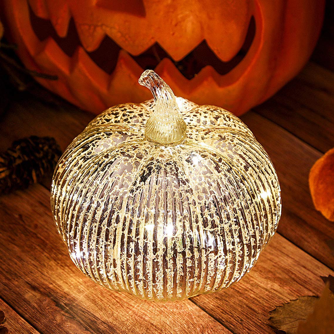 hvfun Zucca in vetro mercurio che si illumina con timer, decorazione autunnale per la casa, lampade per decorazioni festive, decorazione a zucca del Ringraziamento (argento)