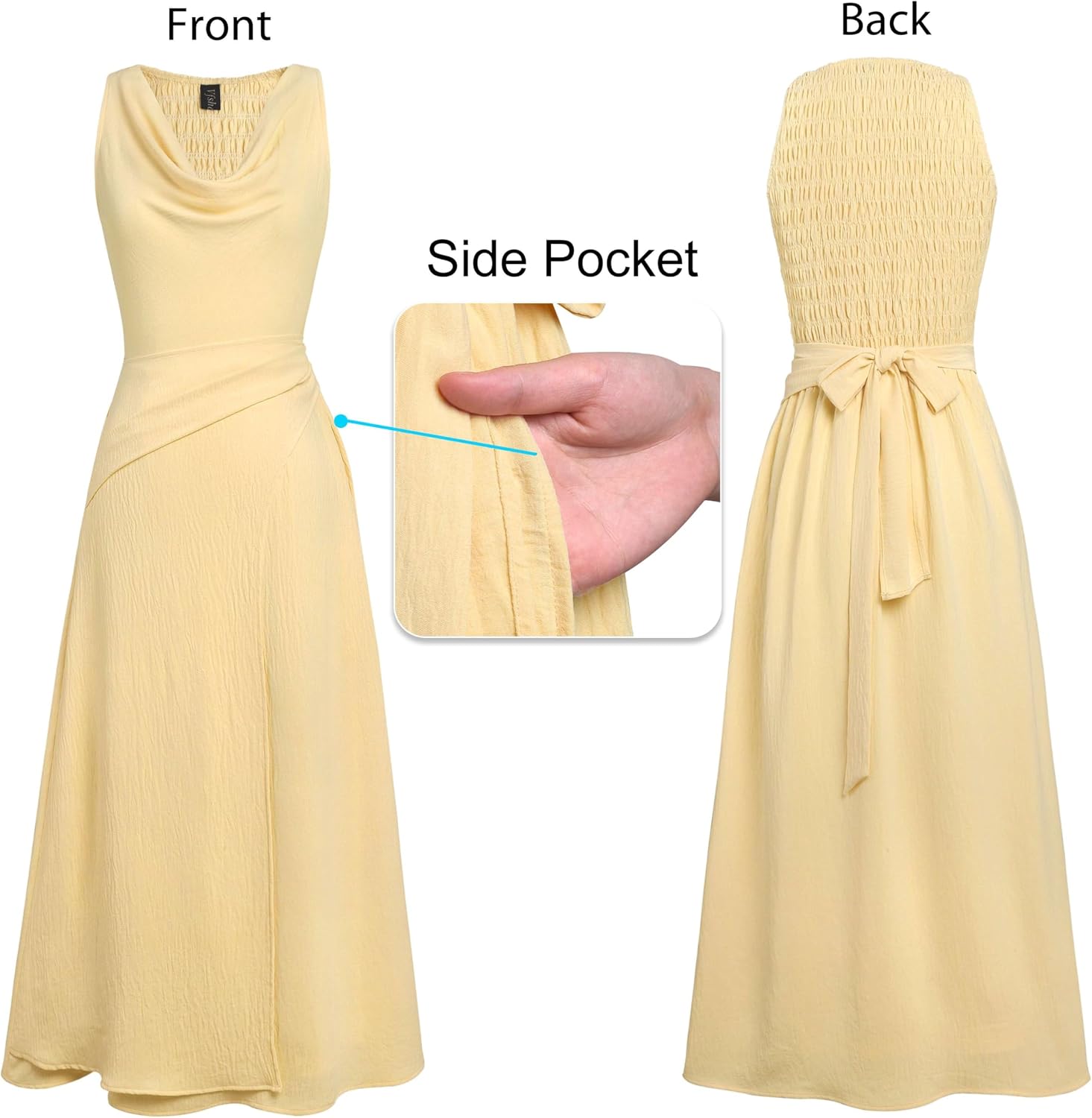 VFSHOW Womens Elegant Cocktail Wedding Guest Long Dress 2026 Smocked Cowl Neck Sleeveless Pocket Tie Waist Wrap A Line Dress