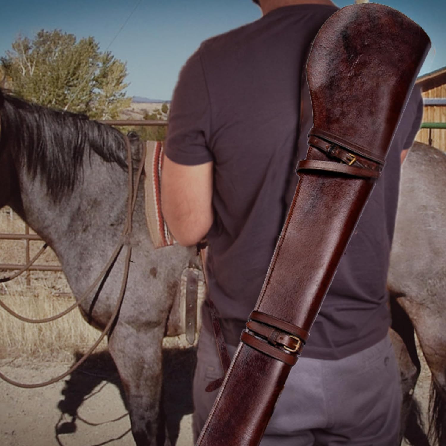 Hulara Genuine Leather Rifle Case Western Rifle Scabbard Cover fits 20 to 24 Inch Barrel Lenth Shotgun with Adjustable Strap Shooting Gun Cover Dark Brown