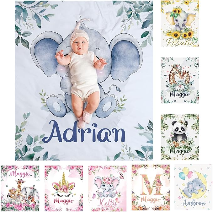 SearchI Personalised Soft Baby Blanket Boys Girls,Cute Elephant Custom