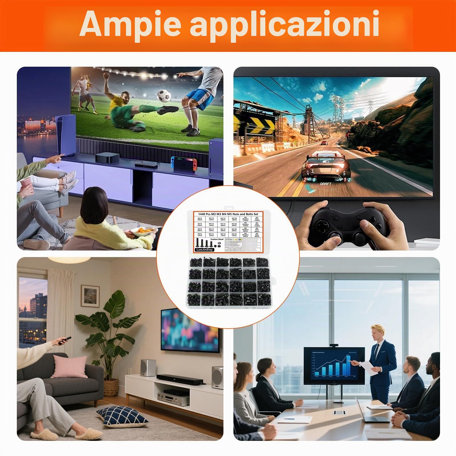 1440 PzViti M2 M3 M4 M5, Assortimento di Bulloni e Dadi, Set di Viti a Testa Cilindrica con Esagono Incassato, Kit di Bulloni Testa Tonda con Rondelle, set di Viti per Macchine Nere