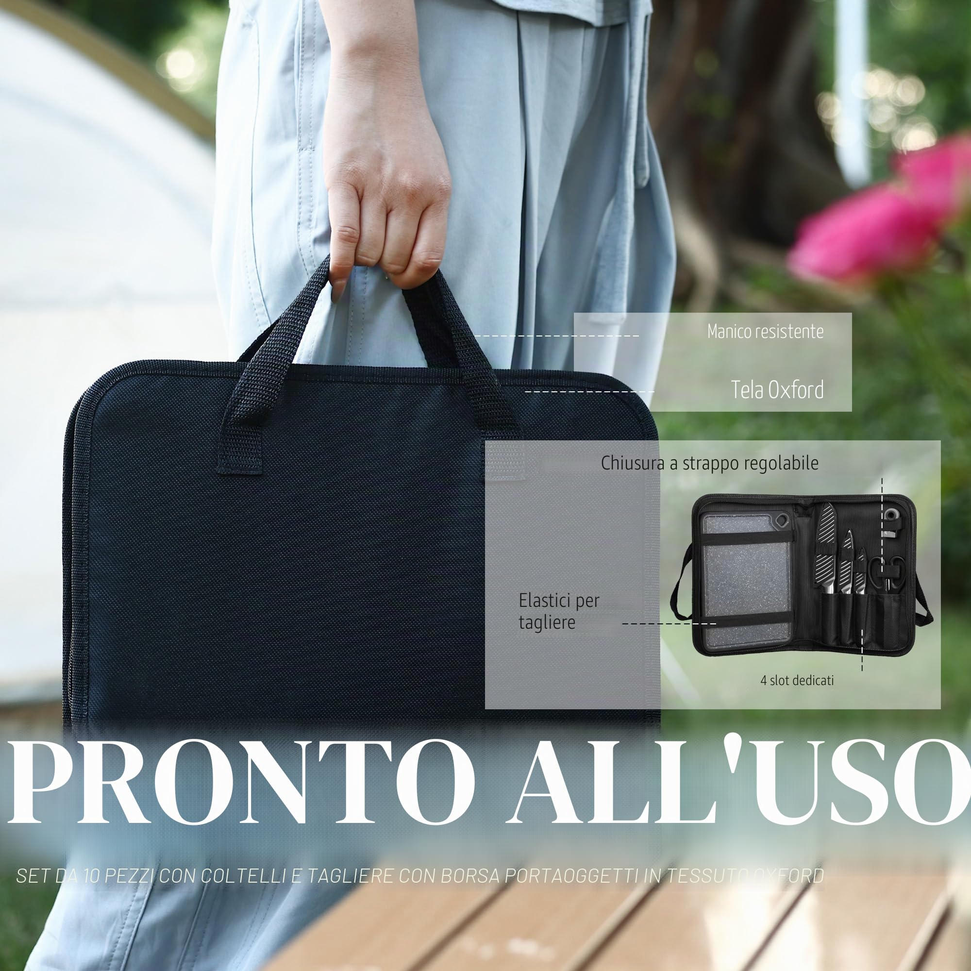hecef set coltelli da cucina professionali in acciaio inox con borsa coltelli, foderi, tagliere reversibile, affilacoltelli 2 stadi e forbici, 10 Pezzi utensili cucina per picnic, campeggio e barbeque
