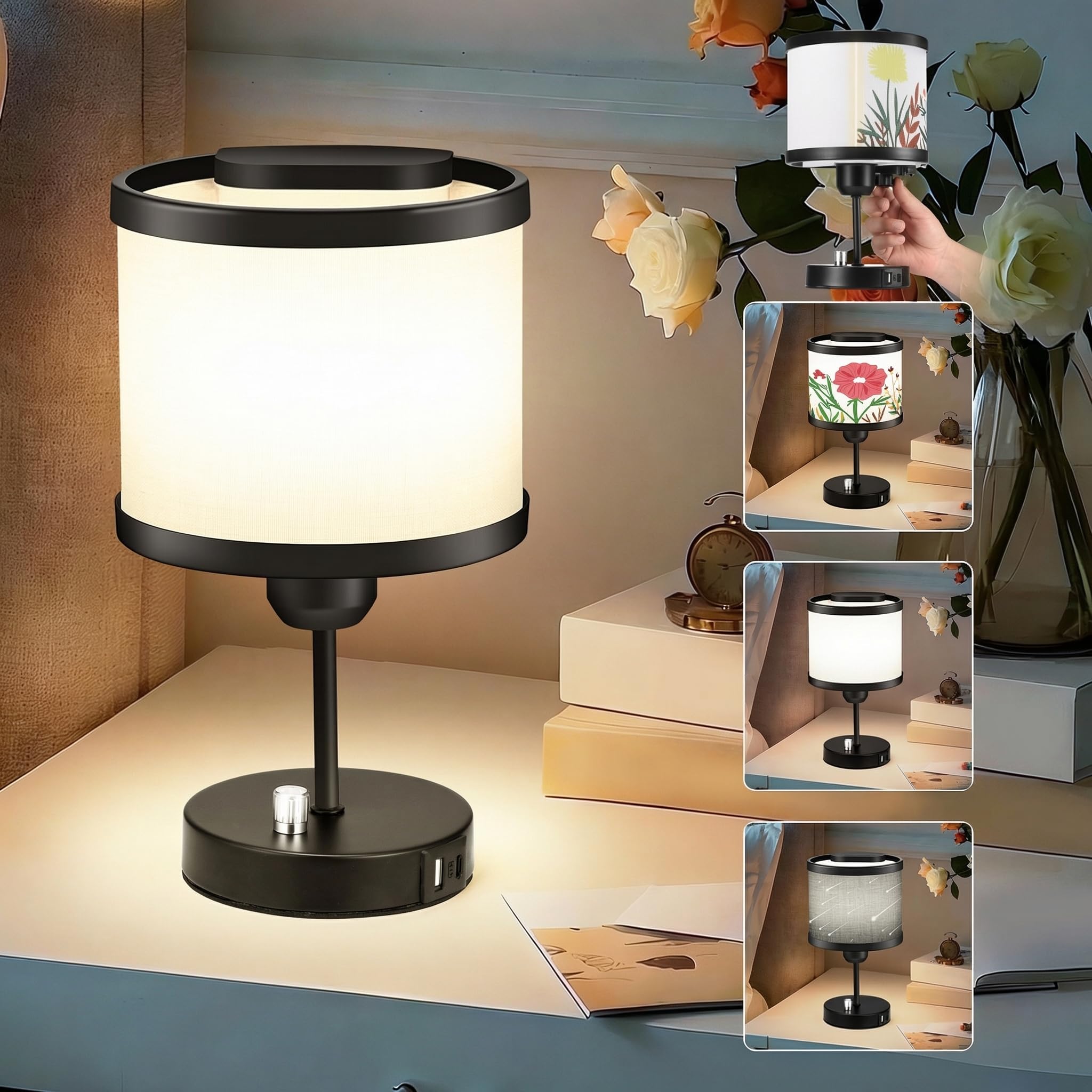 Aesthetic 3-in-1 Desk Lamp with Patented Rotatable Shade Modern Bedside Lamp with Charging Station 3 Vibe Patterns Daylight