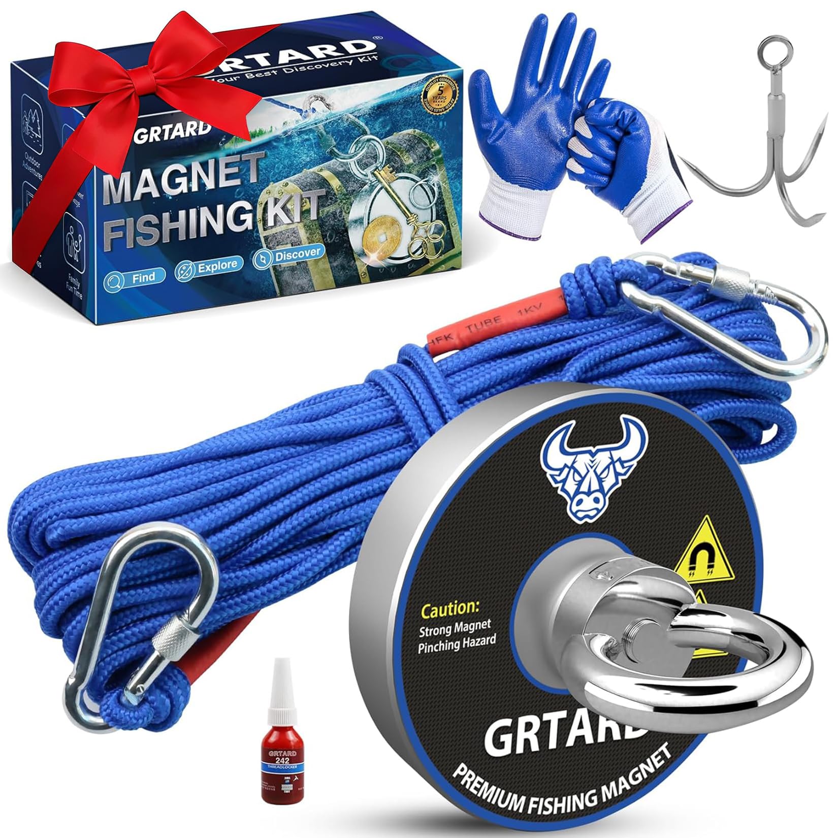 Grtard 500 LBS Magnet Fishing Kit for Men's Gifts, Strong N52 Neodymium Fishing Magnets, 65 ft Rope, Protection Gloves, Rare Earth Magnets for Retrieving, Gifts for Men, Dad, Husband