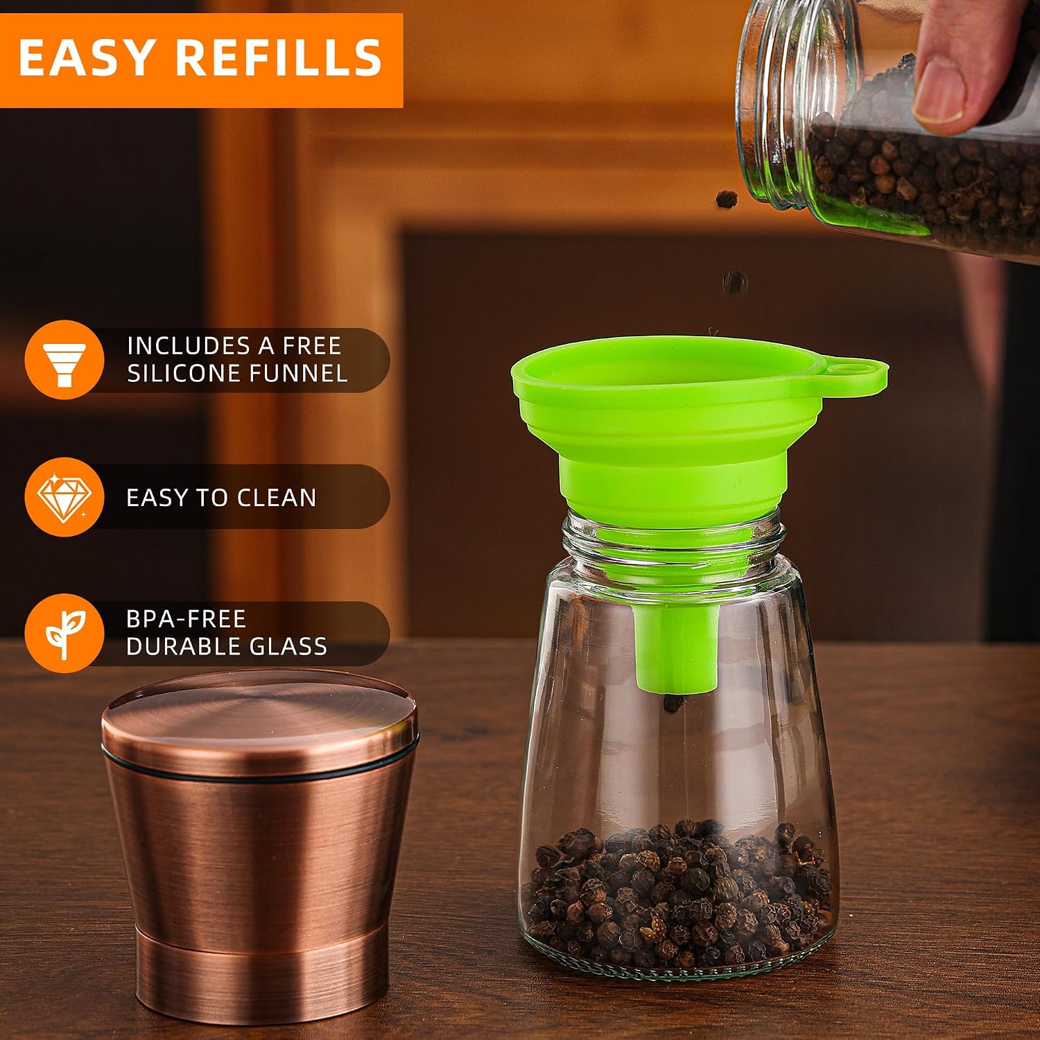 DAVIMADE Short Copper Salt and Pepper Grinder Set of 2，Refillable Adjustable Coarseness Stainless Steel Glass Bottle, Pepper Mills W/Funnel for Kitchen