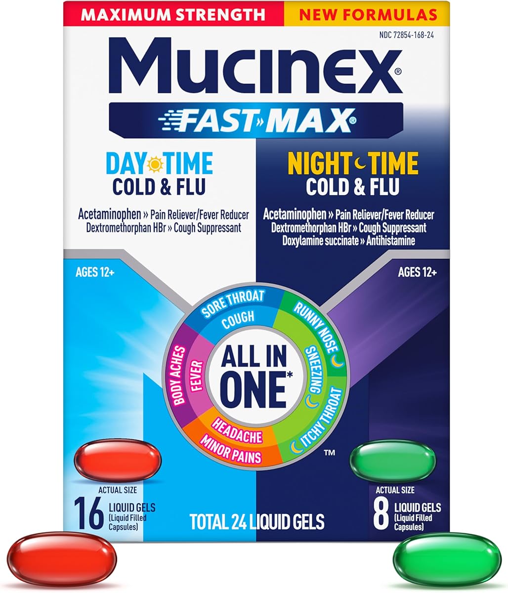 Mucinex Fast-Max Maximum Strength Day & Night Cold and Flu Medicine for Adults, Powerful Over-The-Counter Medication for Cold & Flu Symptoms, Fast Dissolving Liquid Gels, 24 Count