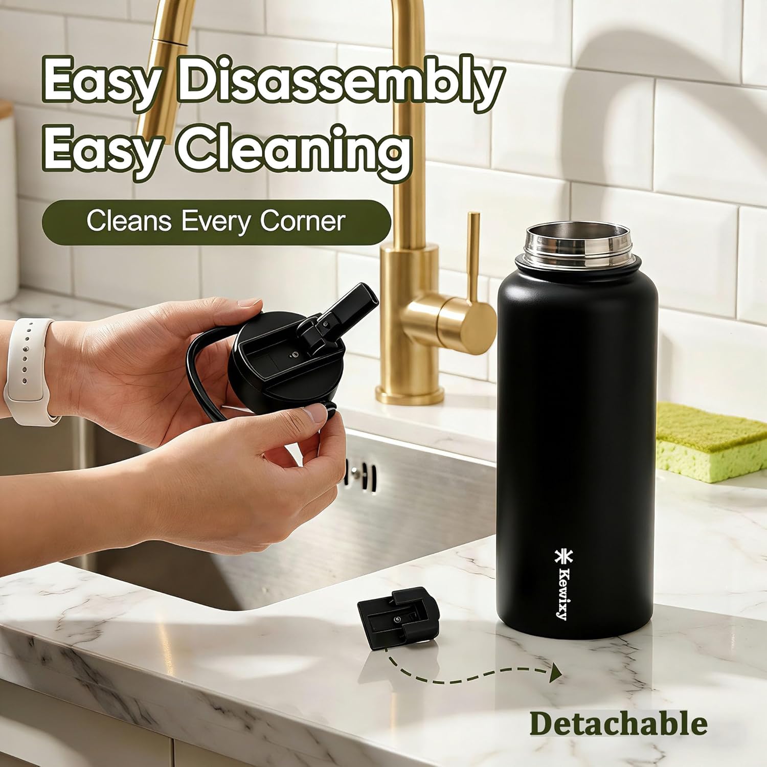 KEWIXY 32 oz Insulated Water Bottle with Straw, Easy Slide Lid, Leak Proof, Keep Cold 24H, Vacuum Insulated Tumbler, Metal Stainless Steel with Handle, BBlack