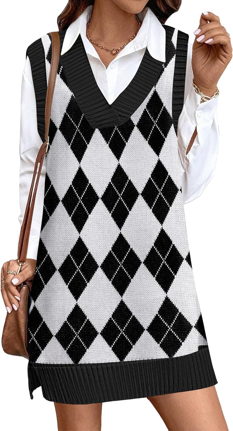 Zeagoo Womens Sweater Vest Winter Tank Sweater Dress V Neck Knitted Pullovers Sweaters Plaid L