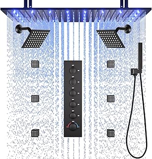 Enga Thermostatic Shower System with Dual 6 Inch Showerheads, 16x32 Inch LED Rainfall Shower Head with 6 Body Jets, 2 Modes Handheld Sprayer Shower Faucet Set, Matte Black